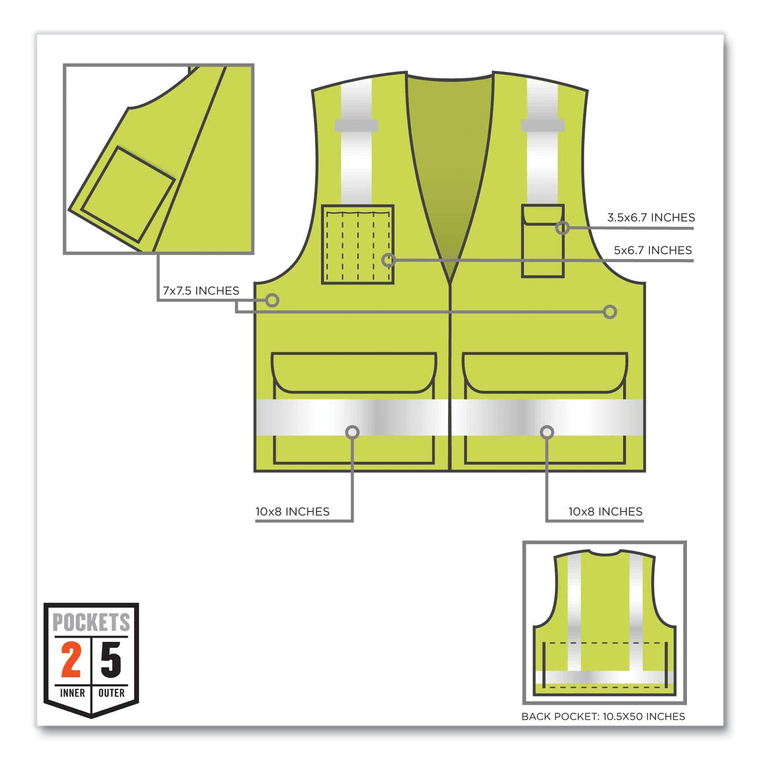 GloWear 8250Z Class 2 Surveyors Zipper Vest, Polyester, 2X-Large/3X-Large, Lime