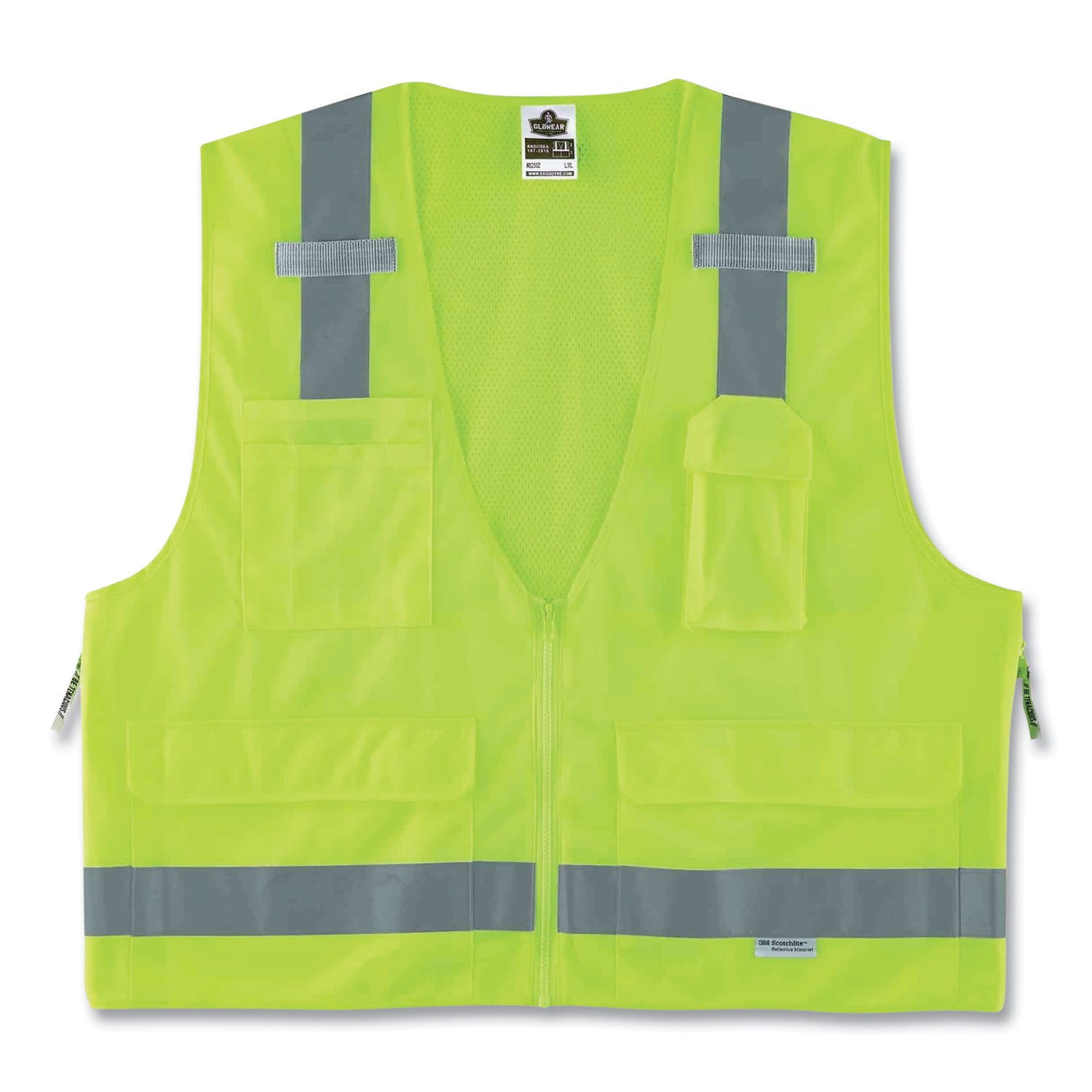 Ergodyne 8250Z Type R Class 2 Surveyors Vest, 4XL/5XL, Zipper Closure, Poly Mesh, Lime, Pocket, Mic Tab, Reflective, 1 Each