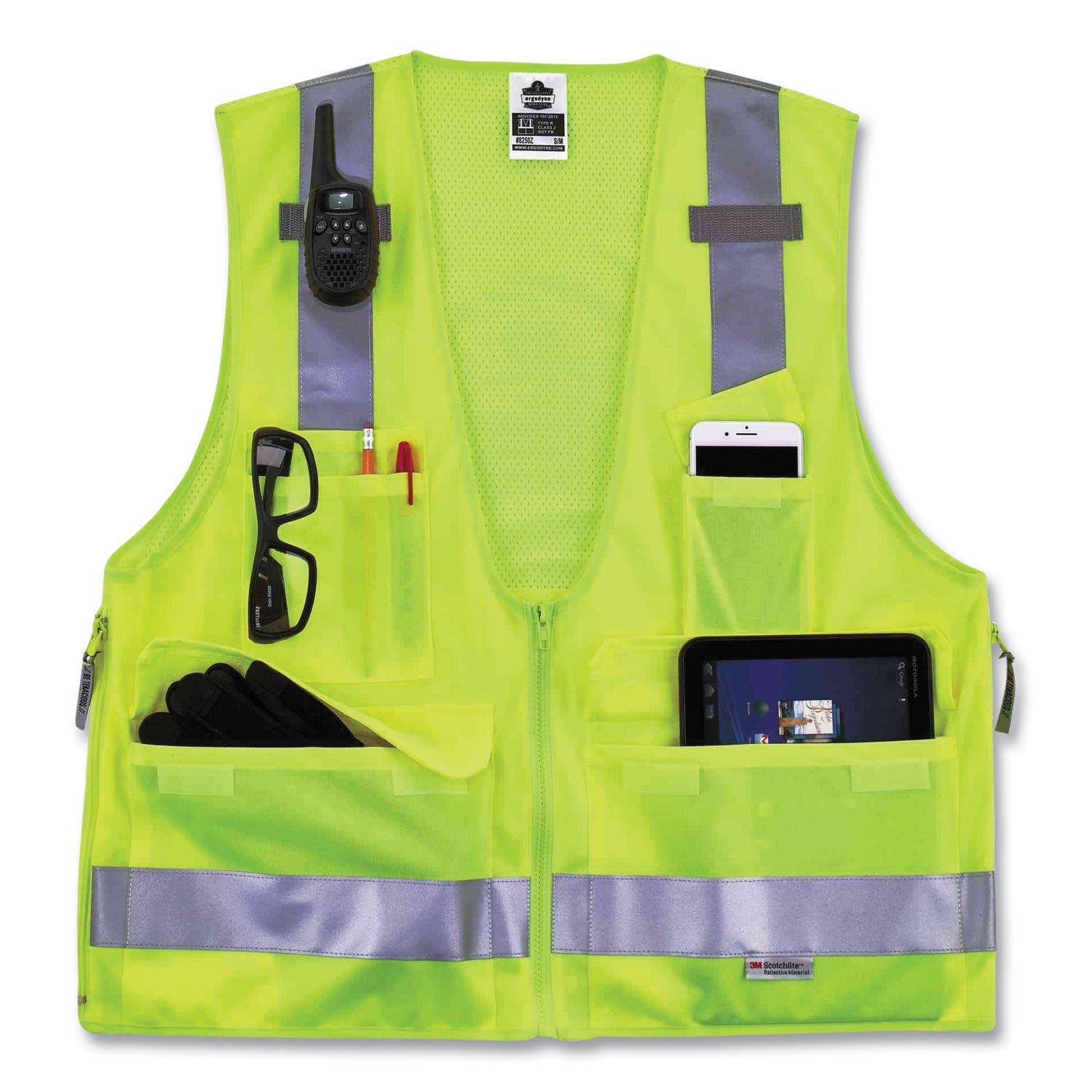 Ergodyne 8250Z Type R Class 2 Surveyors Vest, 4XL/5XL, Zipper Closure, Poly Mesh, Lime, Pocket, Mic Tab, Reflective, 1 Each