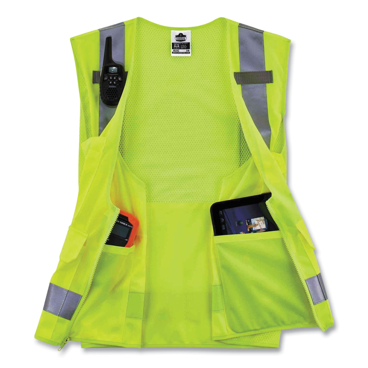 Ergodyne 8250Z Type R Class 2 Surveyors Vest, 4XL/5XL, Zipper Closure, Poly Mesh, Lime, Pocket, Mic Tab, Reflective, 1 Each