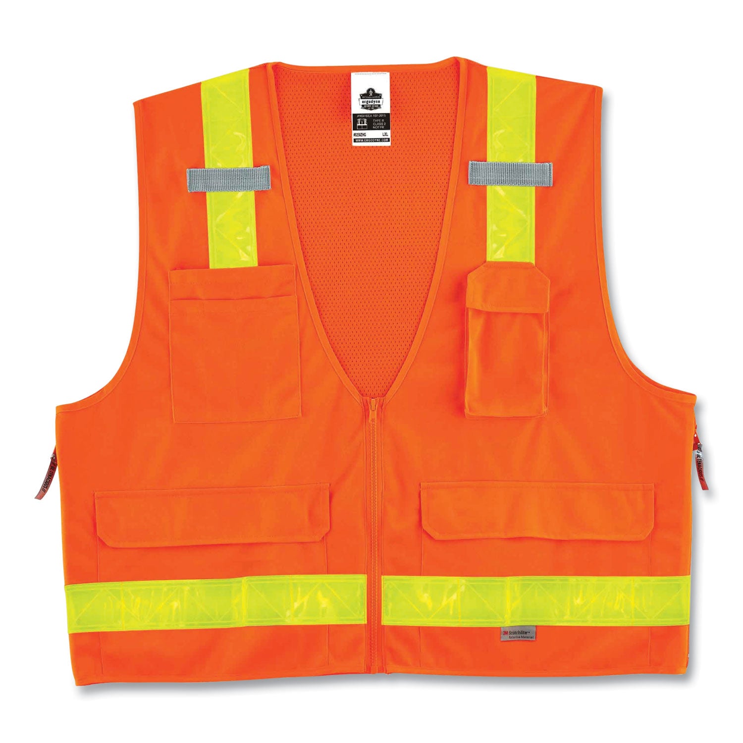 Ergodyne 8250ZHG Type R Class 2 Hi-Gloss Surveyors Vest, Small/Medium, Zipper Closure, Poly Mesh, Orange, Pocket, Mic Tab, Reflective, 1 Each