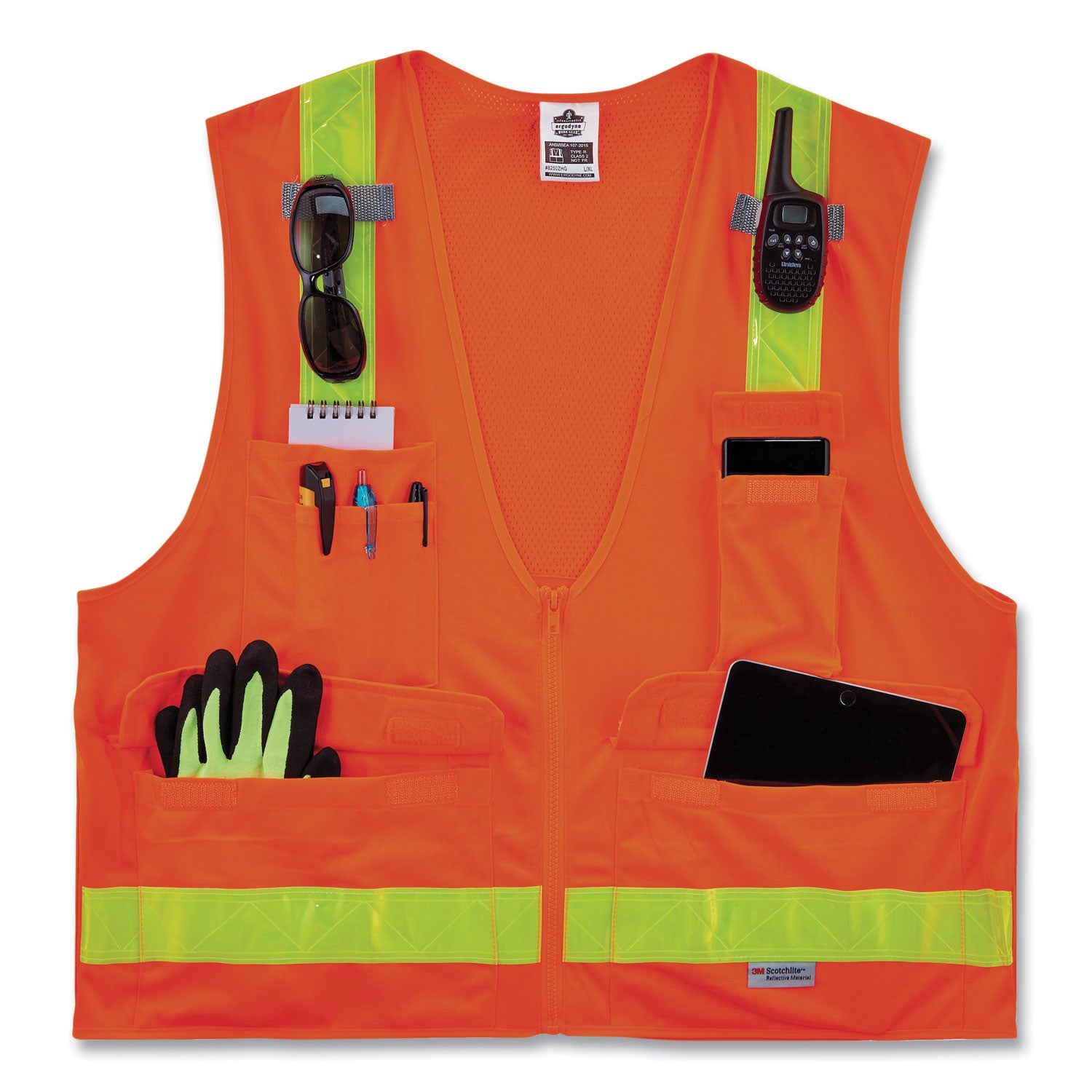Ergodyne 8250ZHG Type R Class 2 Hi-Gloss Surveyors Vest, Small/Medium, Zipper Closure, Poly Mesh, Orange, Pocket, Mic Tab, Reflective, 1 Each