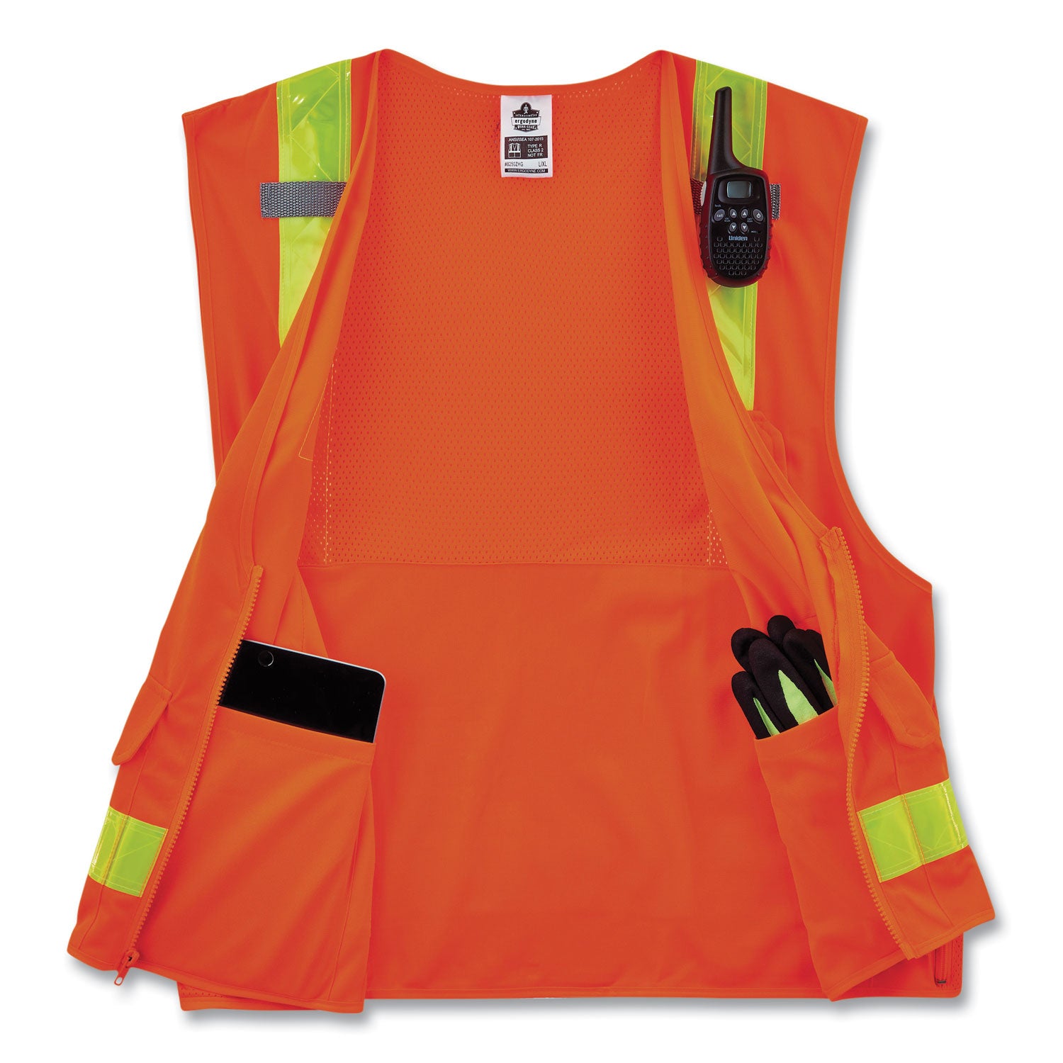 Ergodyne 8250ZHG Type R Class 2 Hi-Gloss Surveyors Vest, Small/Medium, Zipper Closure, Poly Mesh, Orange, Pocket, Mic Tab, Reflective, 1 Each