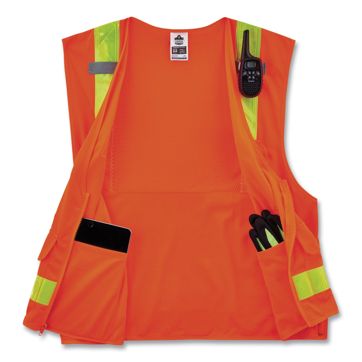 Ergodyne 8250ZHG Type R Class 2 Hi-Gloss Surveyors Vest, Large/Extra Large, Zipper Closure, Poly Mesh, Orange, Pocket, Mic Tab, Reflective, 1 Each