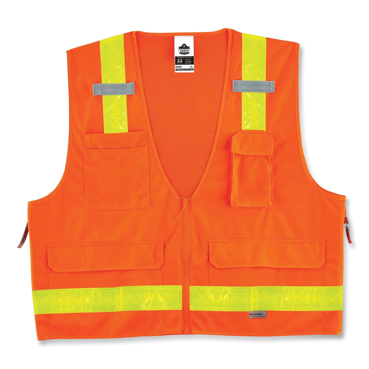 Ergodyne 8250ZHG Type R Class 2 Hi-Gloss Surveyors Vest, 2-XL/3-XL, Zipper Closure, Poly Mesh, Orange, Pocket, Mic Tab, Reflective, 1 Each