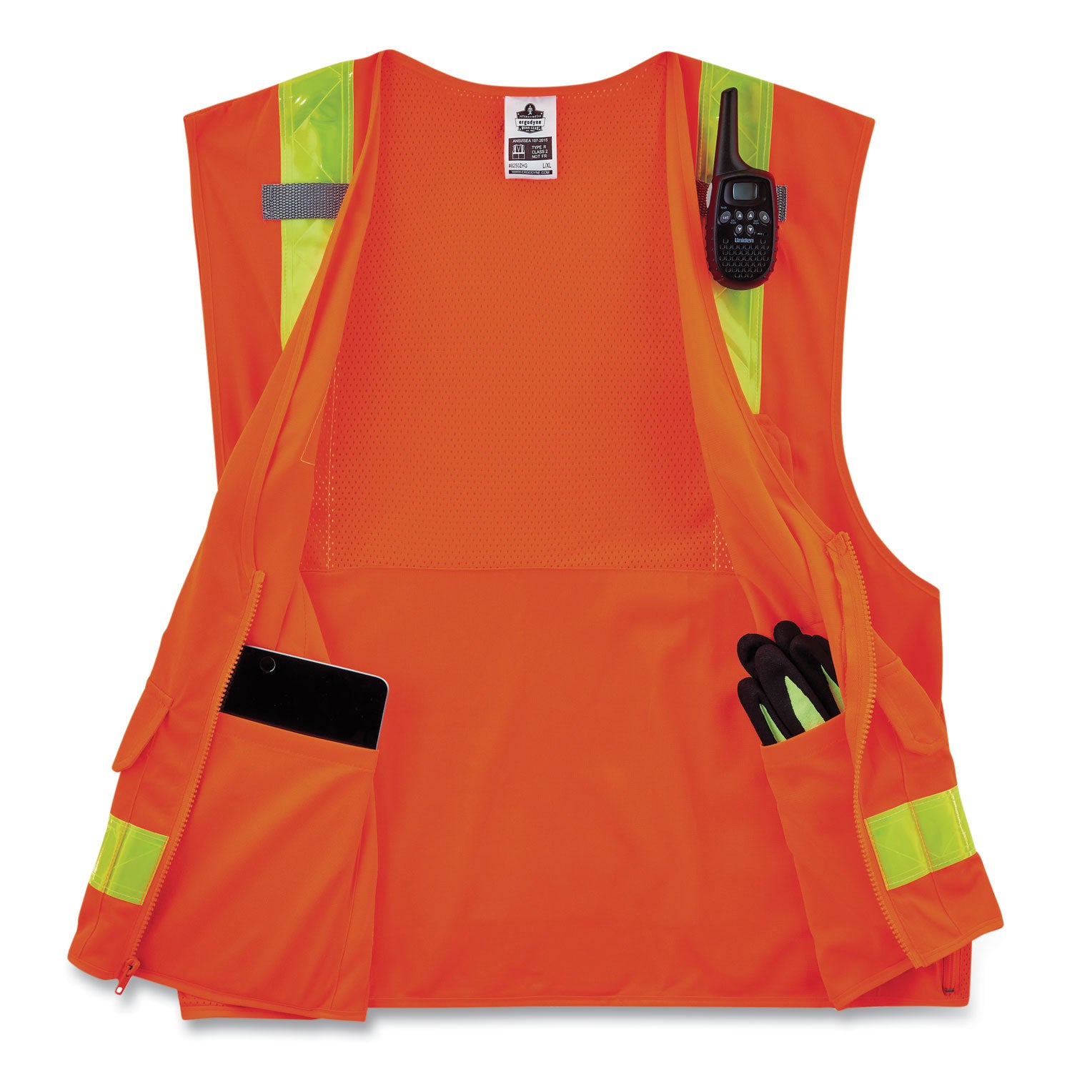 Ergodyne 8250ZHG Type R Class 2 Hi-Gloss Surveyors Vest, 2-XL/3-XL, Zipper Closure, Poly Mesh, Orange, Pocket, Mic Tab, Reflective, 1 Each