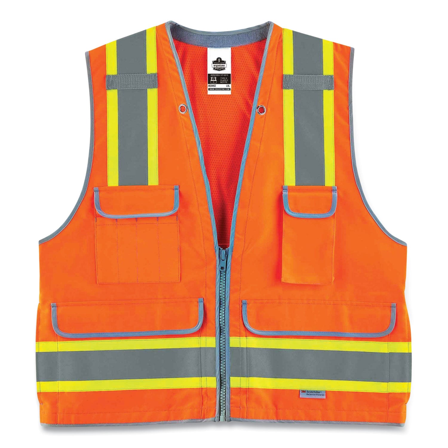 Ergodyne 8254HDZ Type R Class 2 Heavy-Duty Surveyors Vest, Small/Medium, Zipper Closure, Polyester Mesh, Orange, Pocket, Mic Tab, Reflective, Rugged, 1 Each