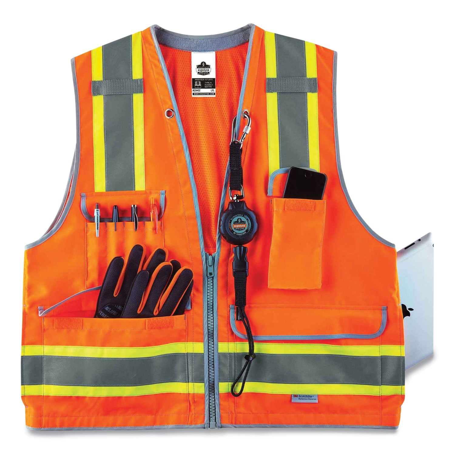 Ergodyne 8254HDZ Type R Class 2 Heavy-Duty Surveyors Vest, Small/Medium, Zipper Closure, Polyester Mesh, Orange, Pocket, Mic Tab, Reflective, Rugged, 1 Each