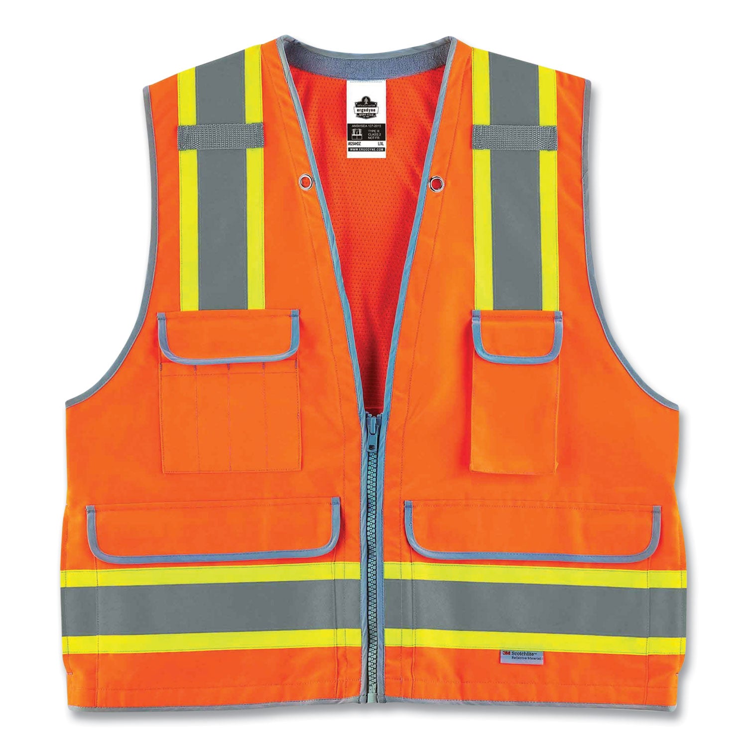 Ergodyne 8254HDZ Type R Class 2 Heavy-Duty Surveyors Vest, Large/Extra Large, Zipper Closure, Polyester Mesh, Orange, Pocket, Mic Tab, Reflective, Heavy Duty, Rugged, 1 Each