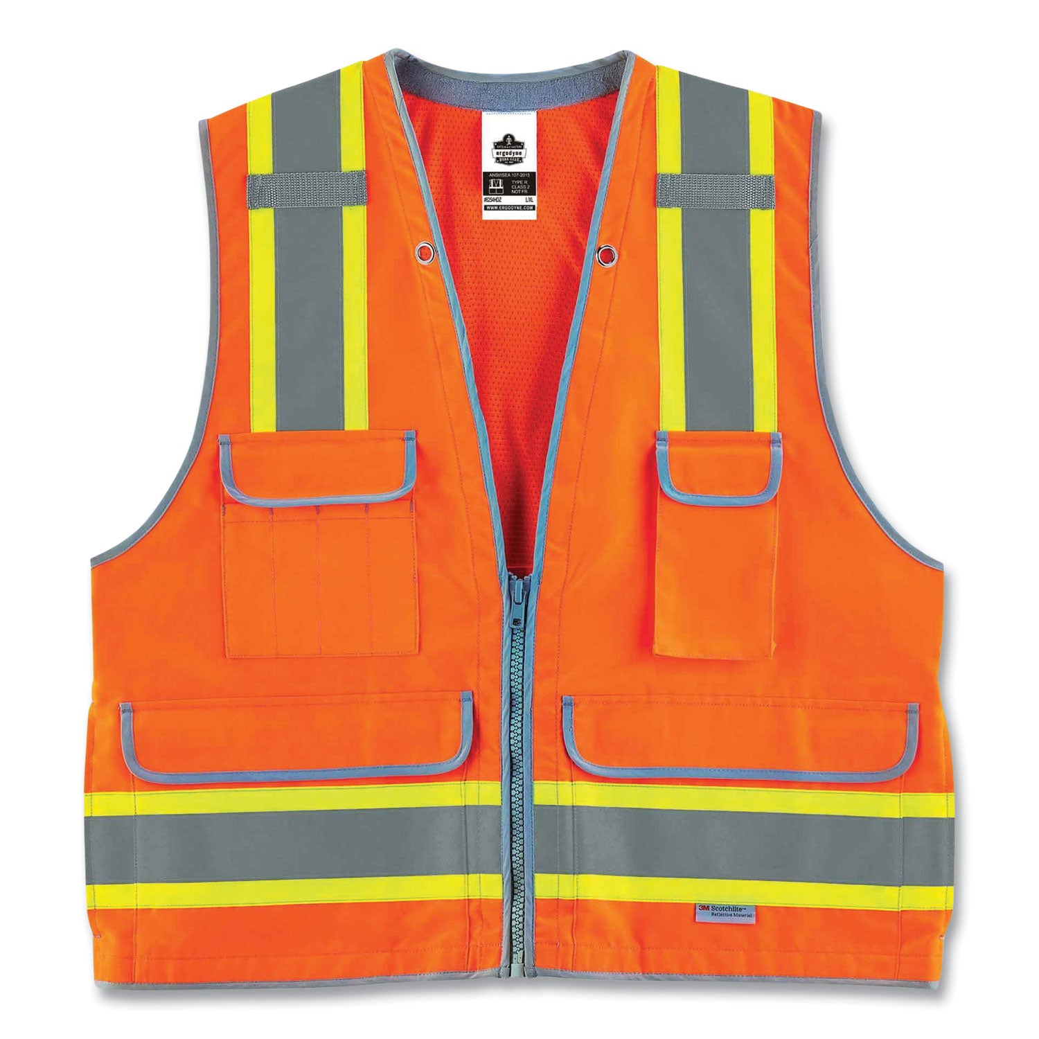 Ergodyne 8254HDZ Type R Class 2 Heavy-Duty Surveyors Vest, 2XL/3XL, Zipper Closure, Polyester Mesh, Orange, Pocket, Mic Tab, Reflective, Heavy Duty, Rugged, 1 Each