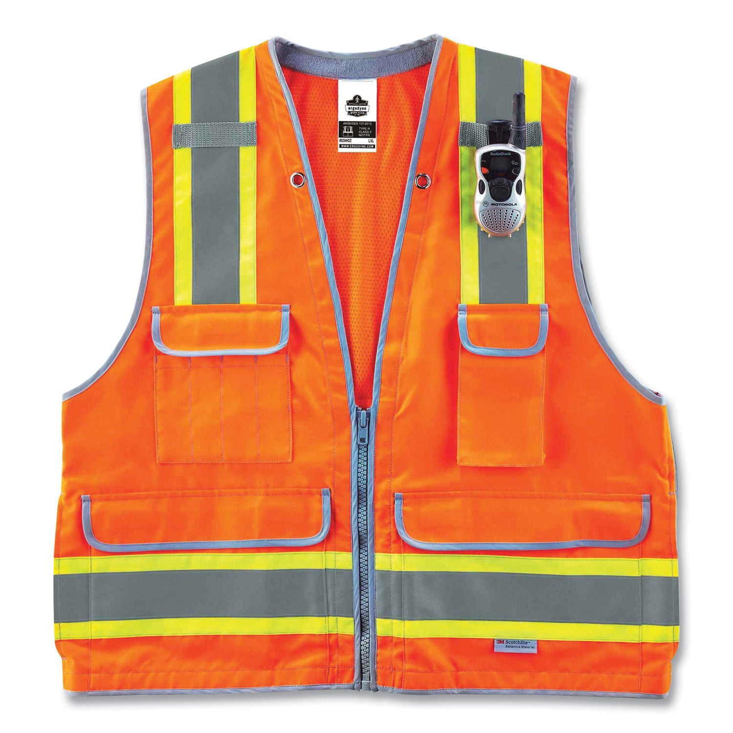 Ergodyne 8254HDZ Type R Class 2 Heavy-Duty Surveyors Vest, 2XL/3XL, Zipper Closure, Polyester Mesh, Orange, Pocket, Mic Tab, Reflective, Heavy Duty, Rugged, 1 Each