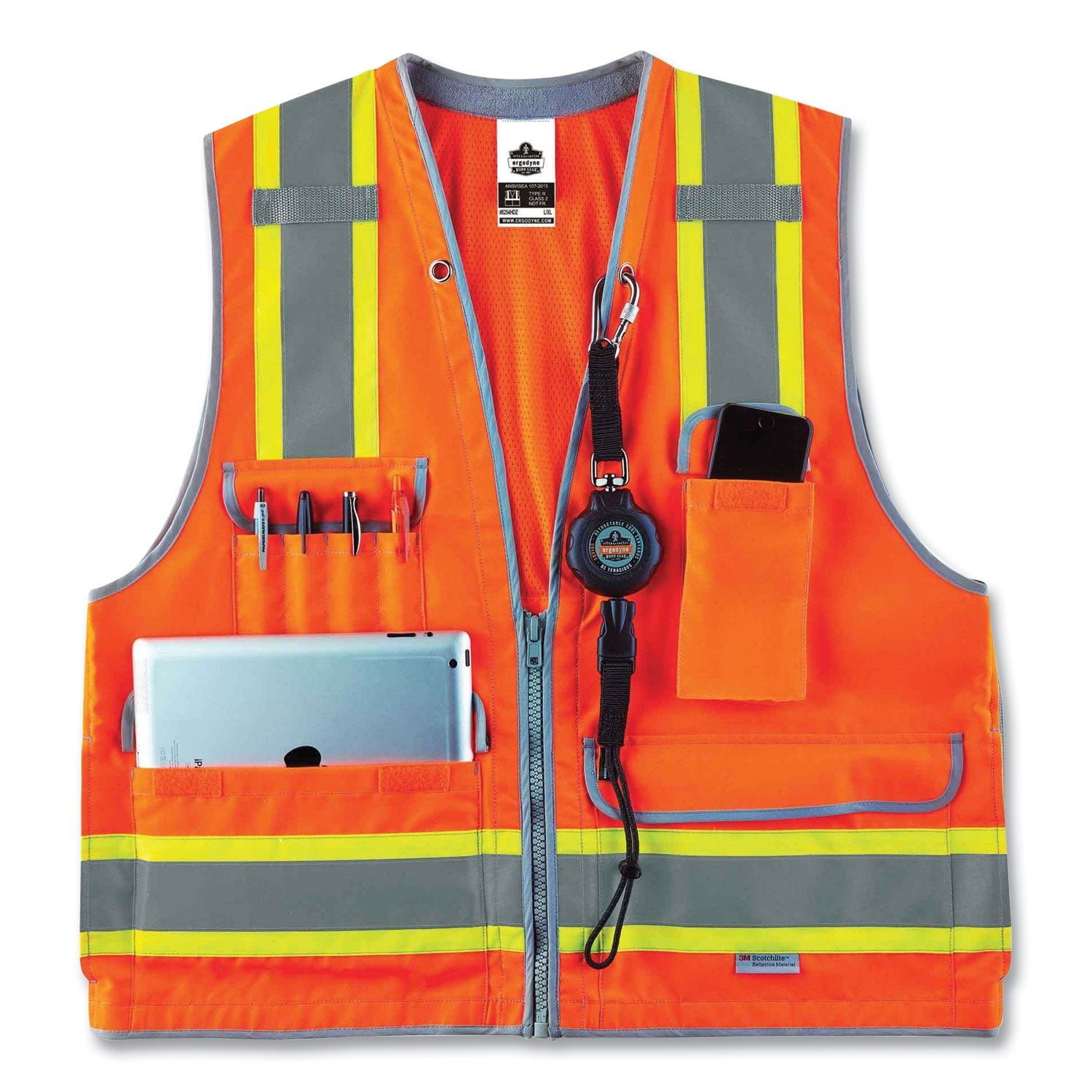 Ergodyne 8254HDZ Type R Class 2 Heavy-Duty Surveyors Vest, 2XL/3XL, Zipper Closure, Polyester Mesh, Orange, Pocket, Mic Tab, Reflective, Heavy Duty, Rugged, 1 Each