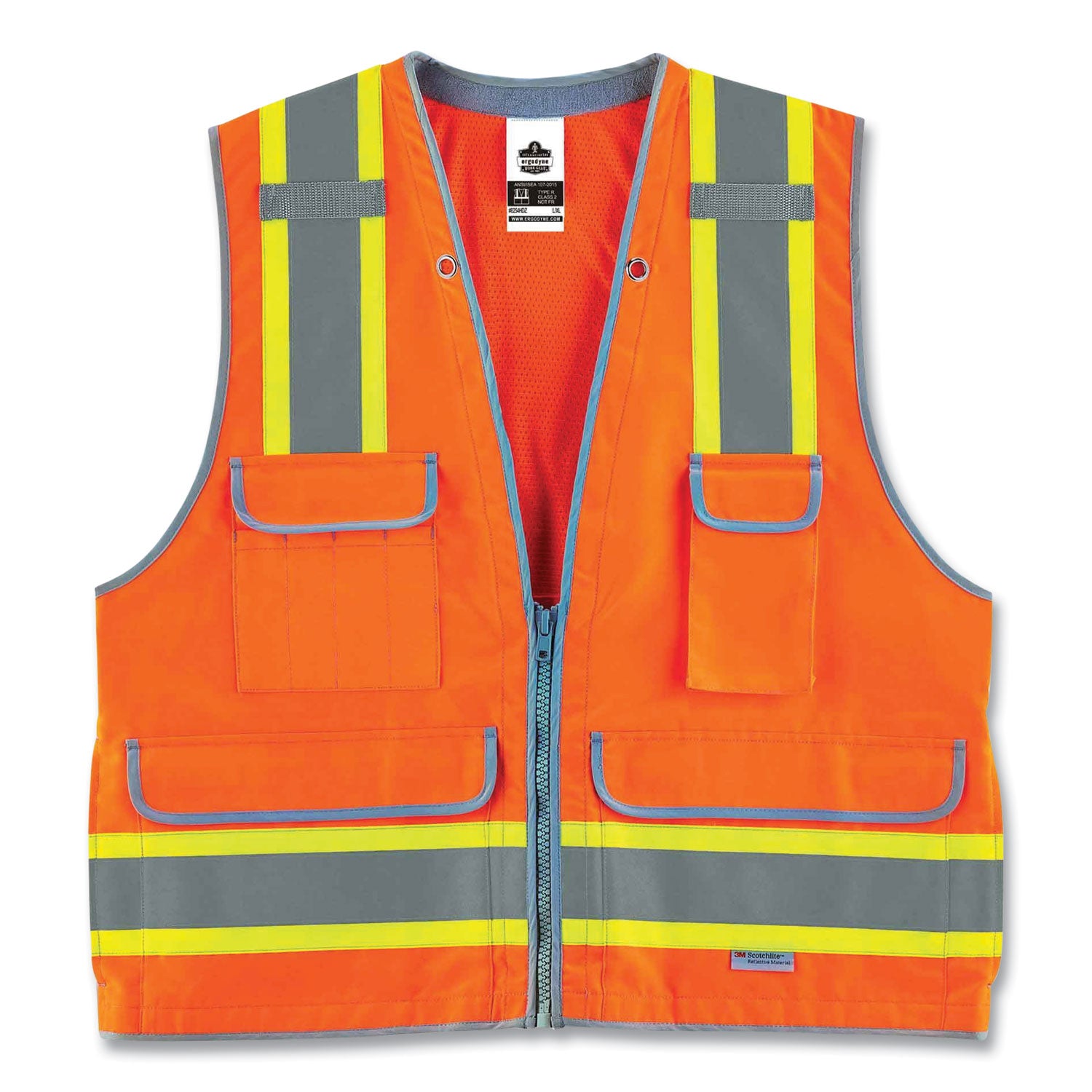 Ergodyne 8254HDZ Type R Class 2 Heavy-Duty Surveyors Vest, 4XL/5XL, Zipper Closure, Polyester Mesh, Orange, Reflective, Heavy Duty, Rugged, 1 Each