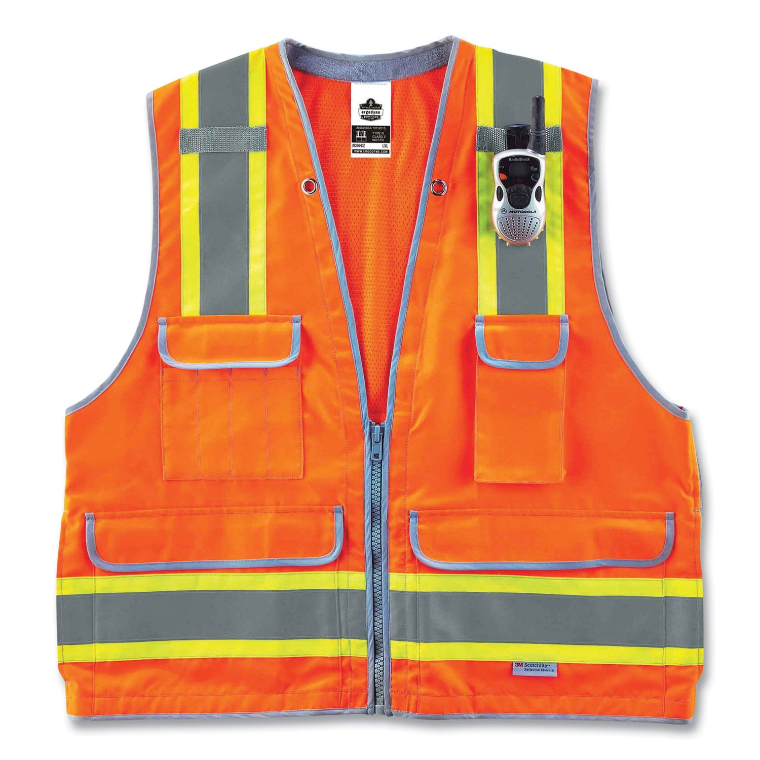 Ergodyne 8254HDZ Type R Class 2 Heavy-Duty Surveyors Vest, 4XL/5XL, Zipper Closure, Polyester Mesh, Orange, Reflective, Heavy Duty, Rugged, 1 Each