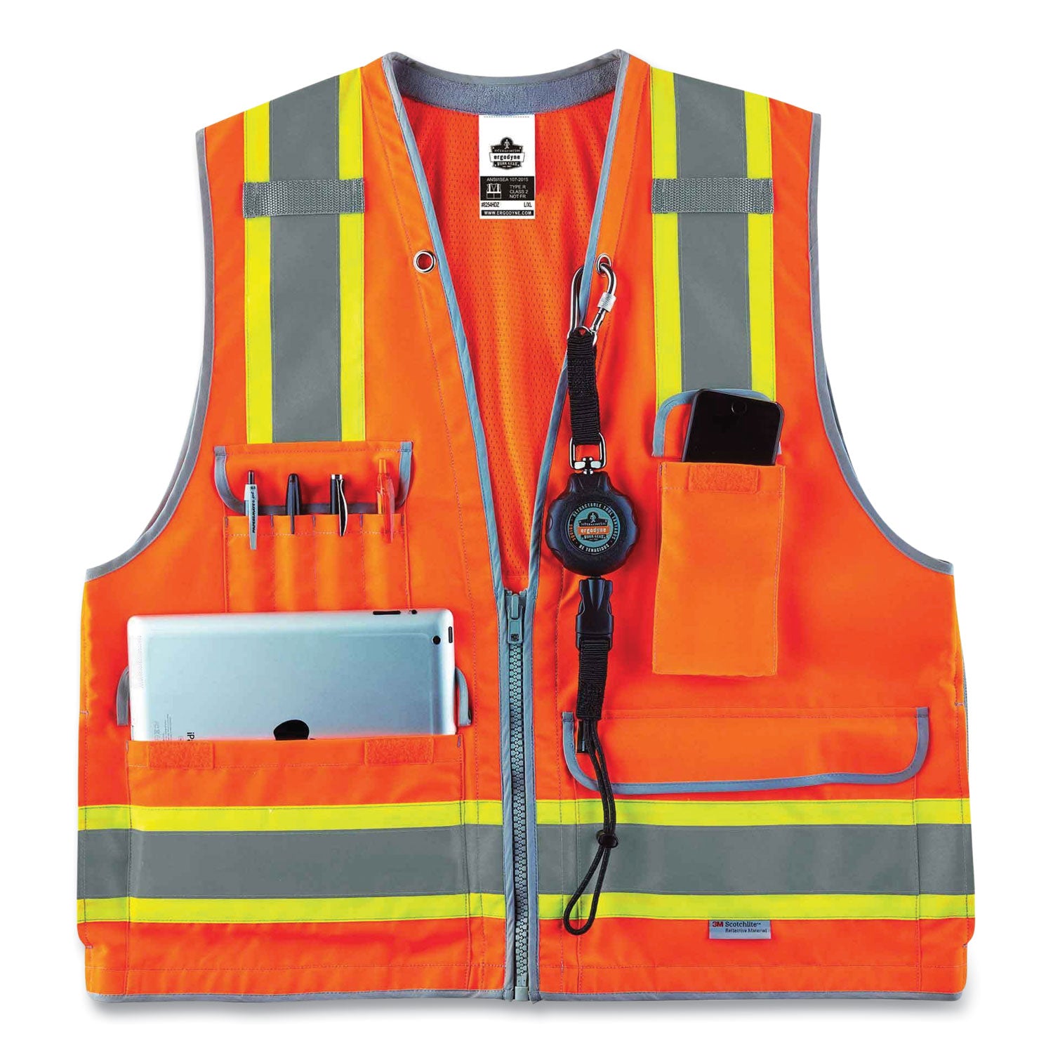 Ergodyne 8254HDZ Type R Class 2 Heavy-Duty Surveyors Vest, 4XL/5XL, Zipper Closure, Polyester Mesh, Orange, Reflective, Heavy Duty, Rugged, 1 Each
