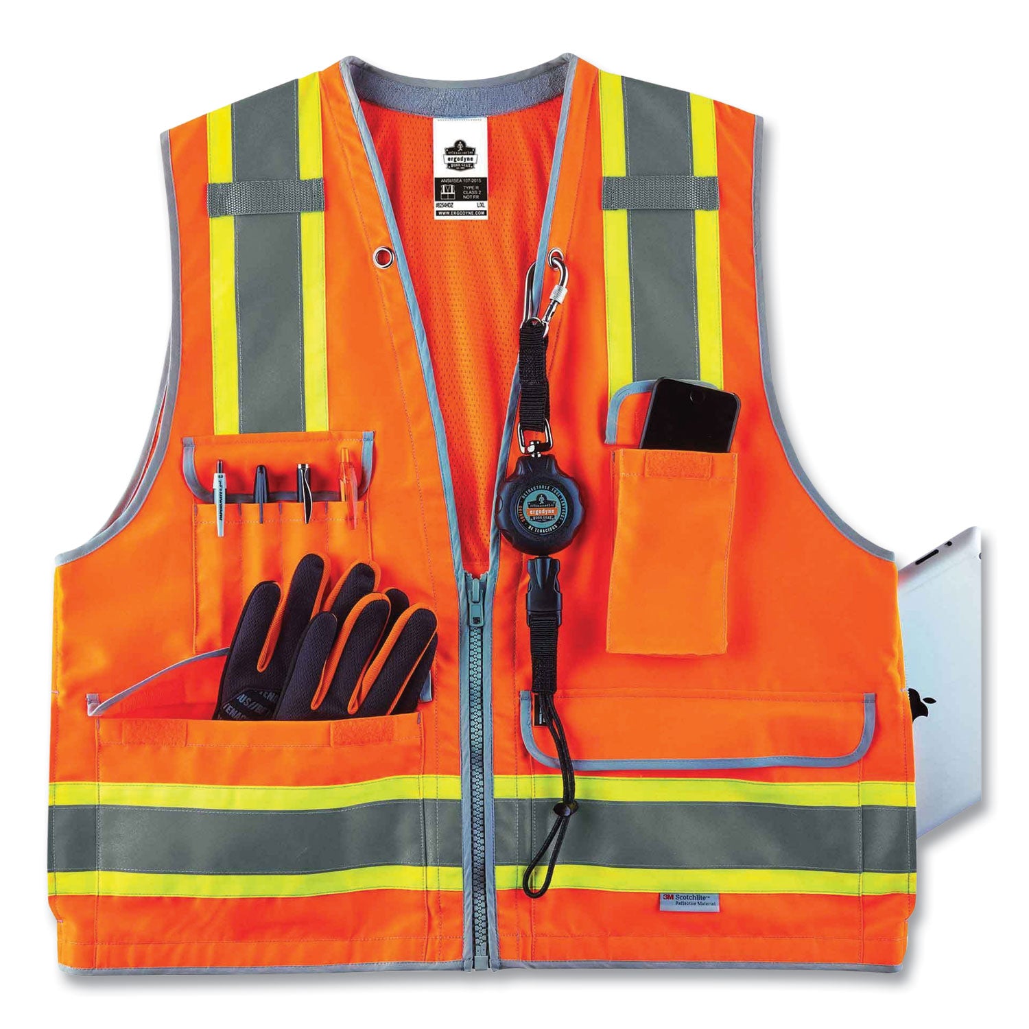 Ergodyne 8254HDZ Type R Class 2 Heavy-Duty Surveyors Vest, 4XL/5XL, Zipper Closure, Polyester Mesh, Orange, Reflective, Heavy Duty, Rugged, 1 Each
