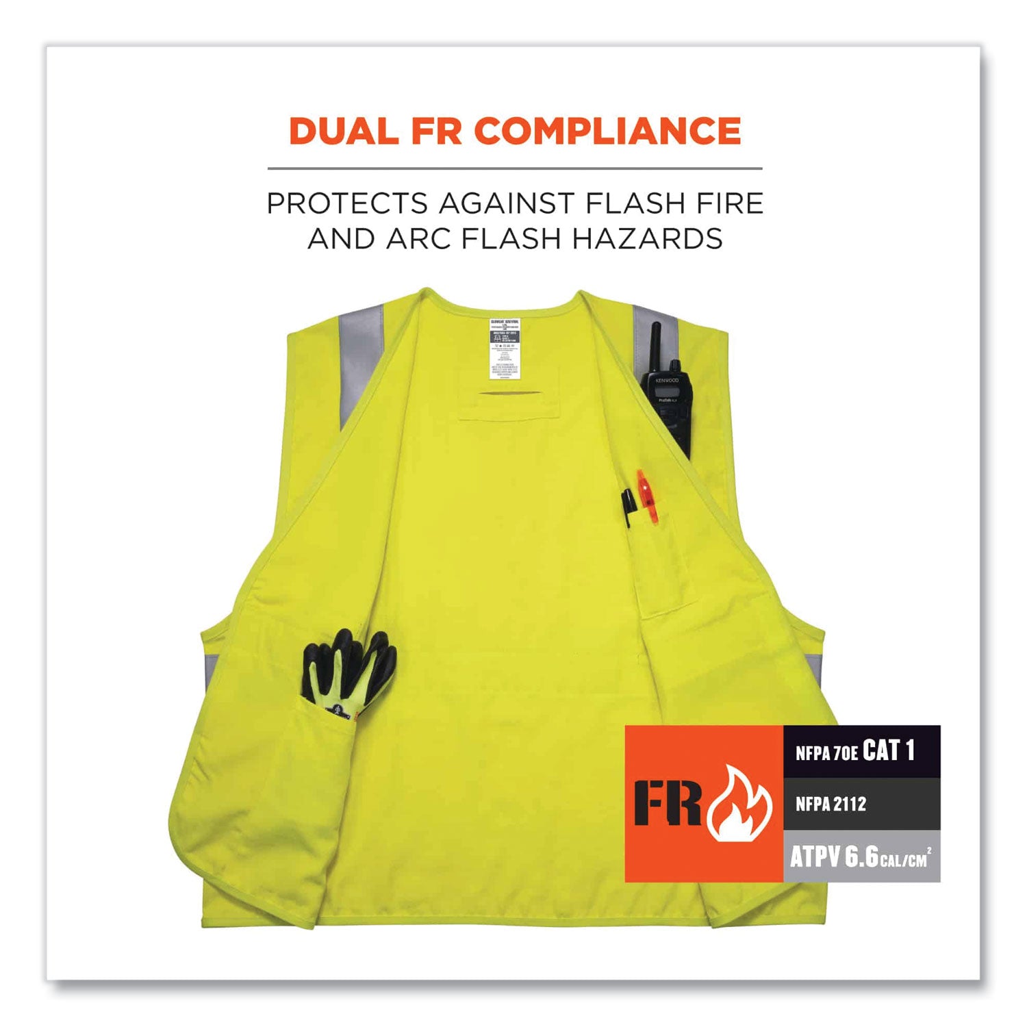 Ergodyne 8261FRHL Hi-Vis FR Safety Vest, Class 2, Dual Compliant, Large/Extra Large, Hook & Loop Closure, Modacrylic, Lime, Reflective, Breathable, Machine Washable, Interior Pocket, Pen Slot, Badge Holder, 1 Each