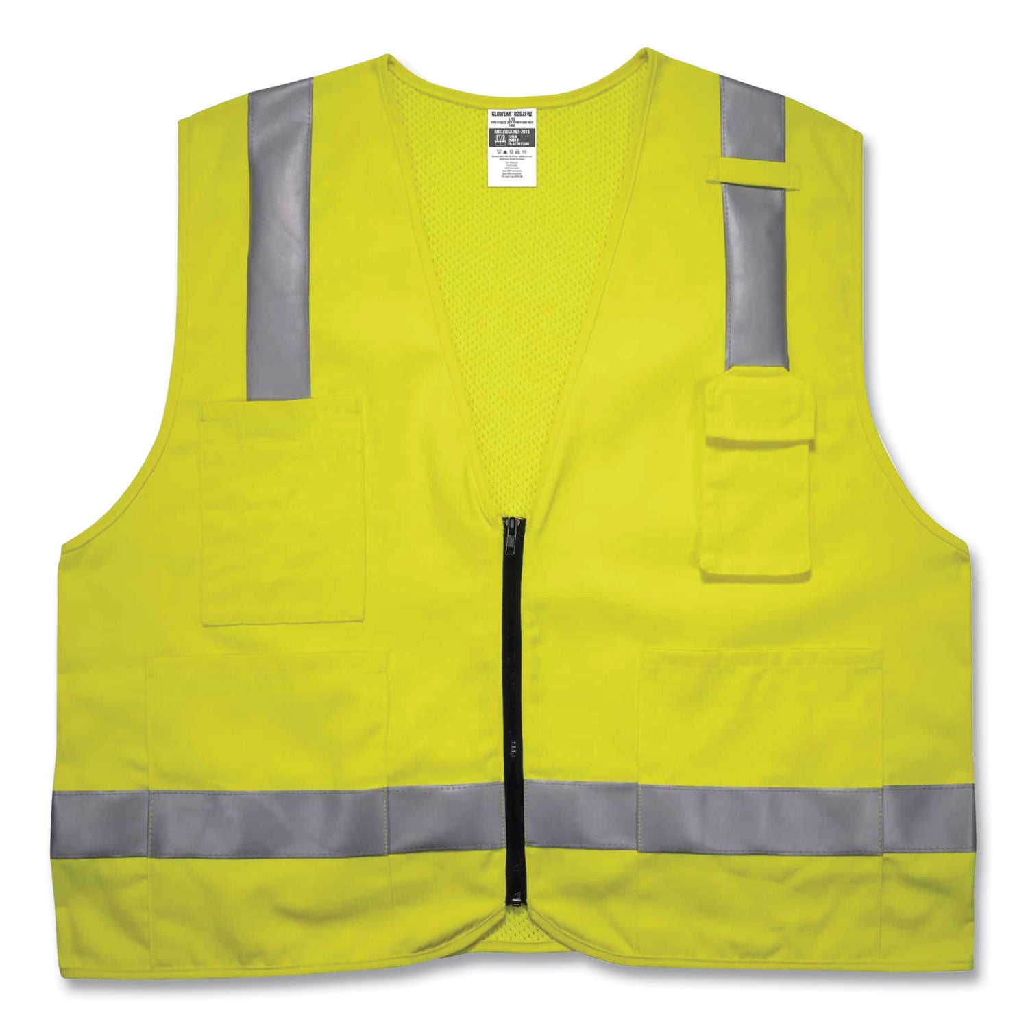 Ergodyne 8262FRZ Hi-Vis Flame-Resistant Surveyor Vest, Class 2, NFPA 70E, Mesh, Small/Medium, Zipper Closure, Lime, Machine Washable, Reflective, Breathable, 1 Each