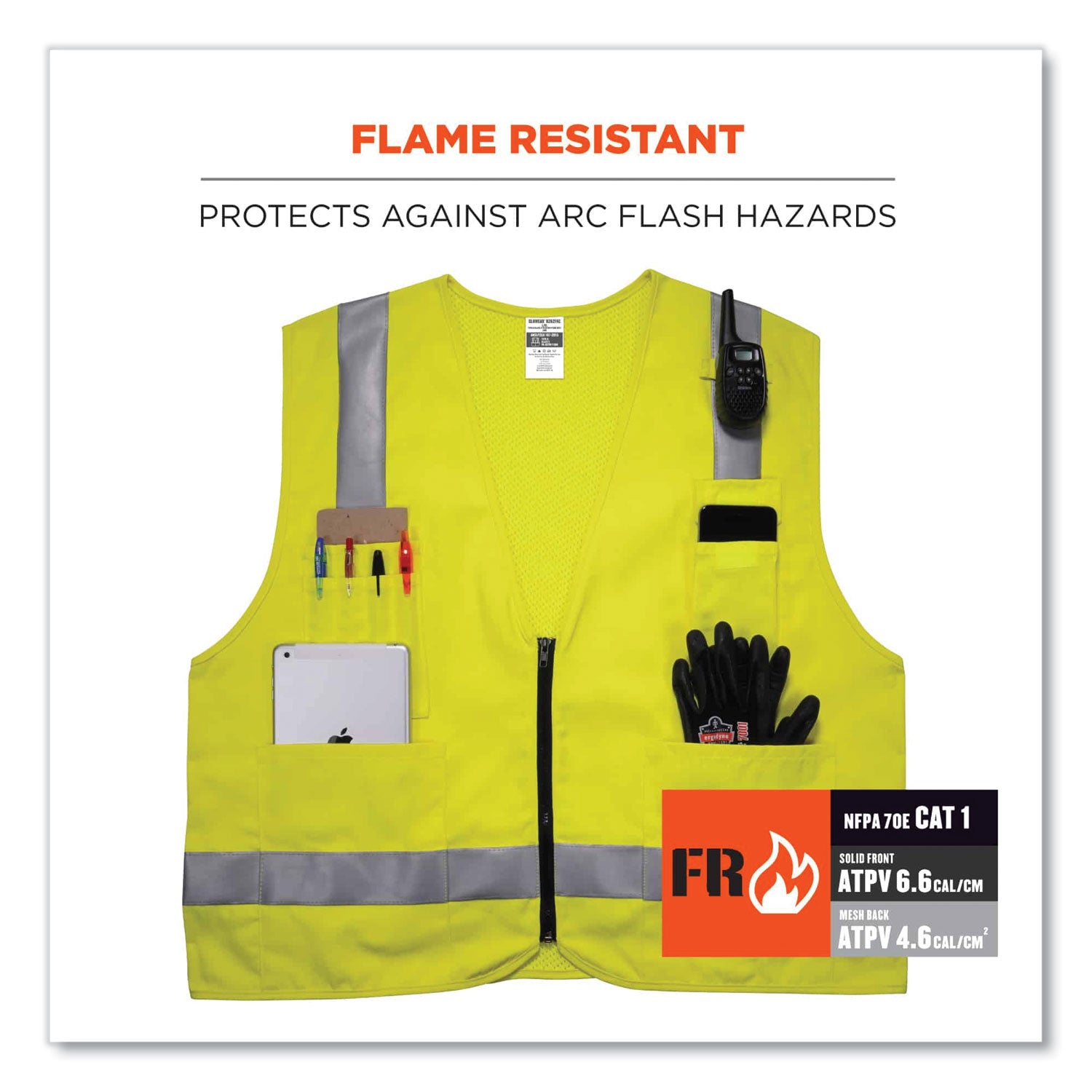 Ergodyne 8262FRZ Hi-Vis Flame-Resistant Surveyor Vest, Class 2, NFPA 70E, Mesh, Small/Medium, Zipper Closure, Lime, Machine Washable, Reflective, Breathable, 1 Each