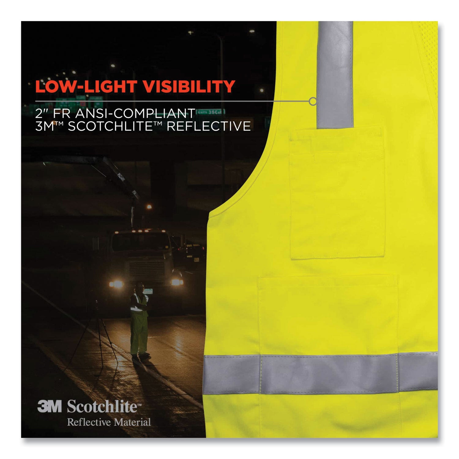 Ergodyne 8262FRZ Hi-Vis Flame-Resistant Surveyor Vest, Class 2, NFPA 70E, Mesh, Small/Medium, Zipper Closure, Lime, Machine Washable, Reflective, Breathable, 1 Each