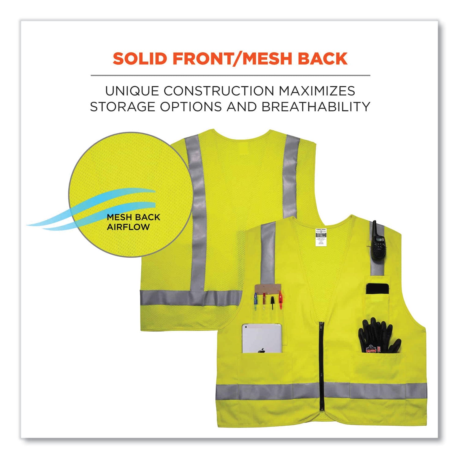 Ergodyne 8262FRZ Hi-Vis Flame-Resistant Surveyor Vest, Class 2, NFPA 70E, Mesh, Small/Medium, Zipper Closure, Lime, Machine Washable, Reflective, Breathable, 1 Each