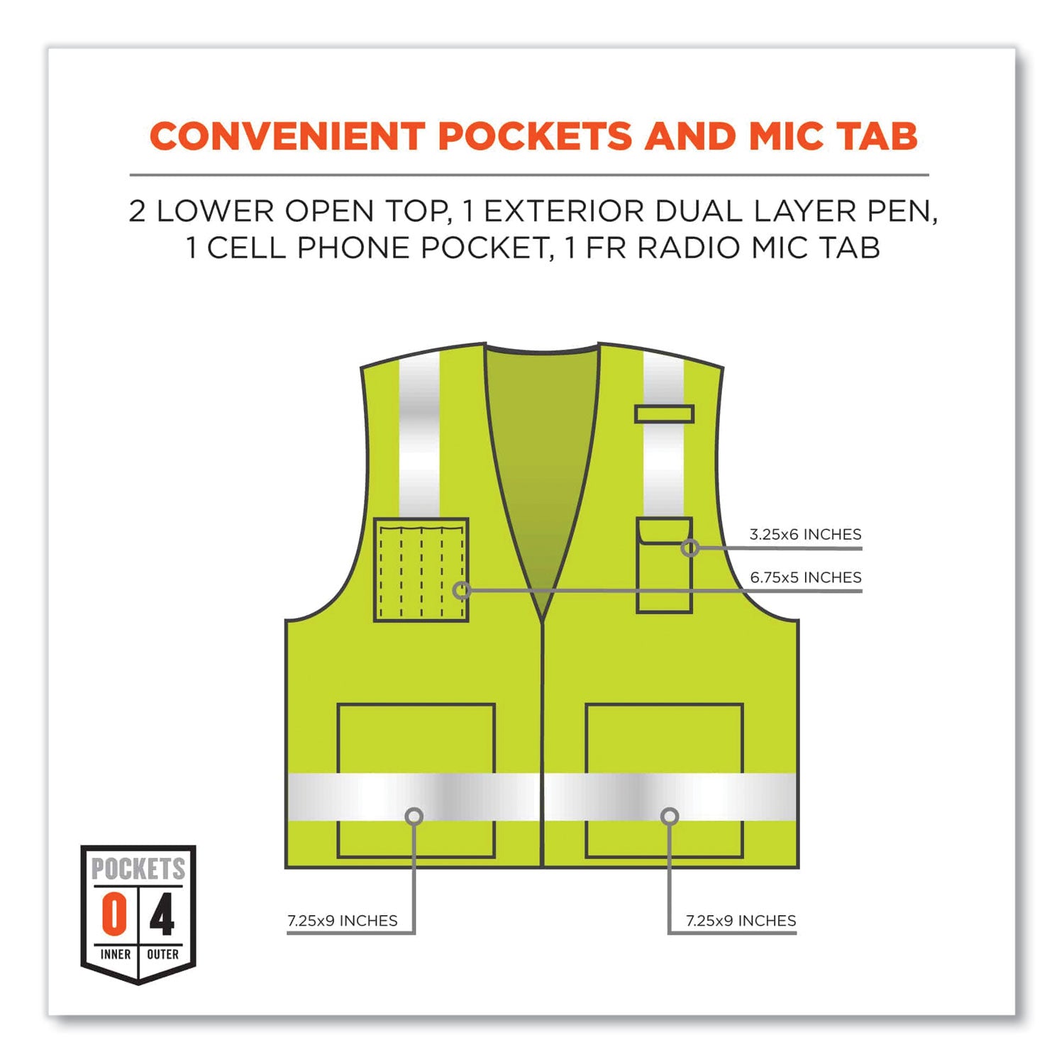 Ergodyne 8262FRZ Hi-Vis Flame-resistant Surveyor Vest, Class 2, NFPA 70E, Mesh, Large/Extra Large, Zipper Closure, Lime, Machine Washable, Reflective, Cell Phone Pocket, Pen Slot, 1 Each