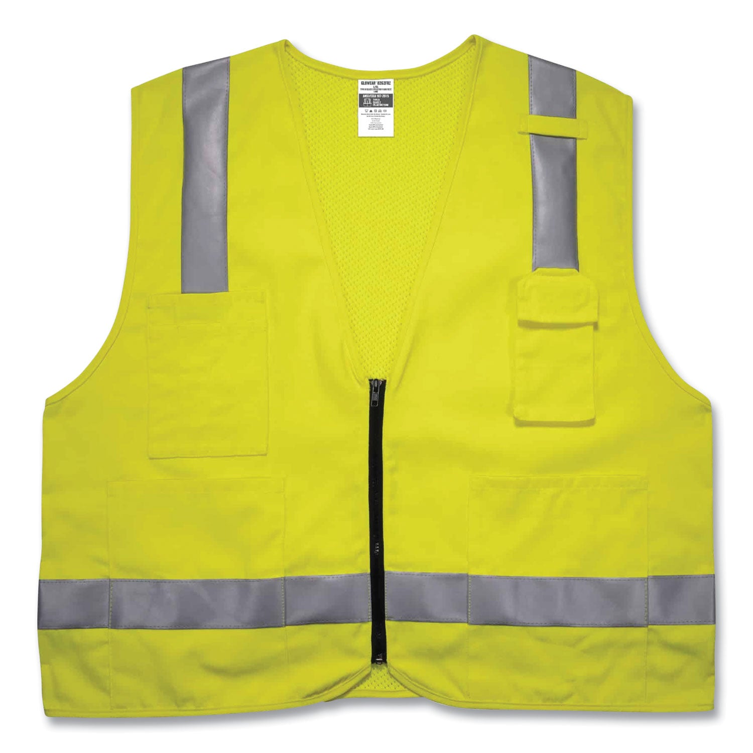 Ergodyne 8262FRZ Hi-Vis Flame-resistant Surveyor Vest, Class 2, NFPA 70E, Mesh, 2XL/3XL, Zipper Closure, Lime, Machine Washable, Reflective, Cell Phone Pocket, Pen Slot, 1 Each