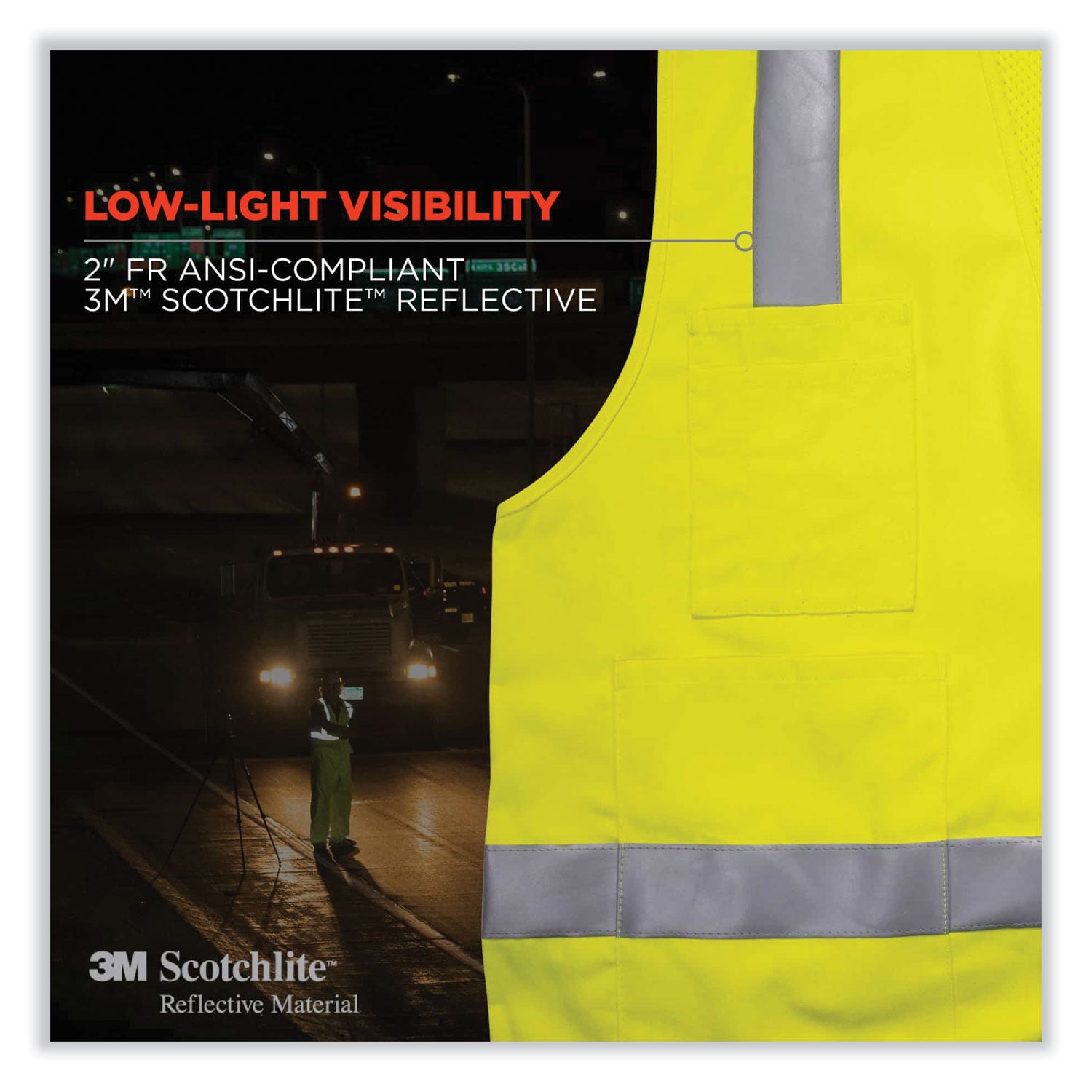 Ergodyne 8262FRZ Hi-Vis Flame-resistant Surveyor Vest, Class 2, NFPA 70E, Mesh, 2XL/3XL, Zipper Closure, Lime, Machine Washable, Reflective, Cell Phone Pocket, Pen Slot, 1 Each