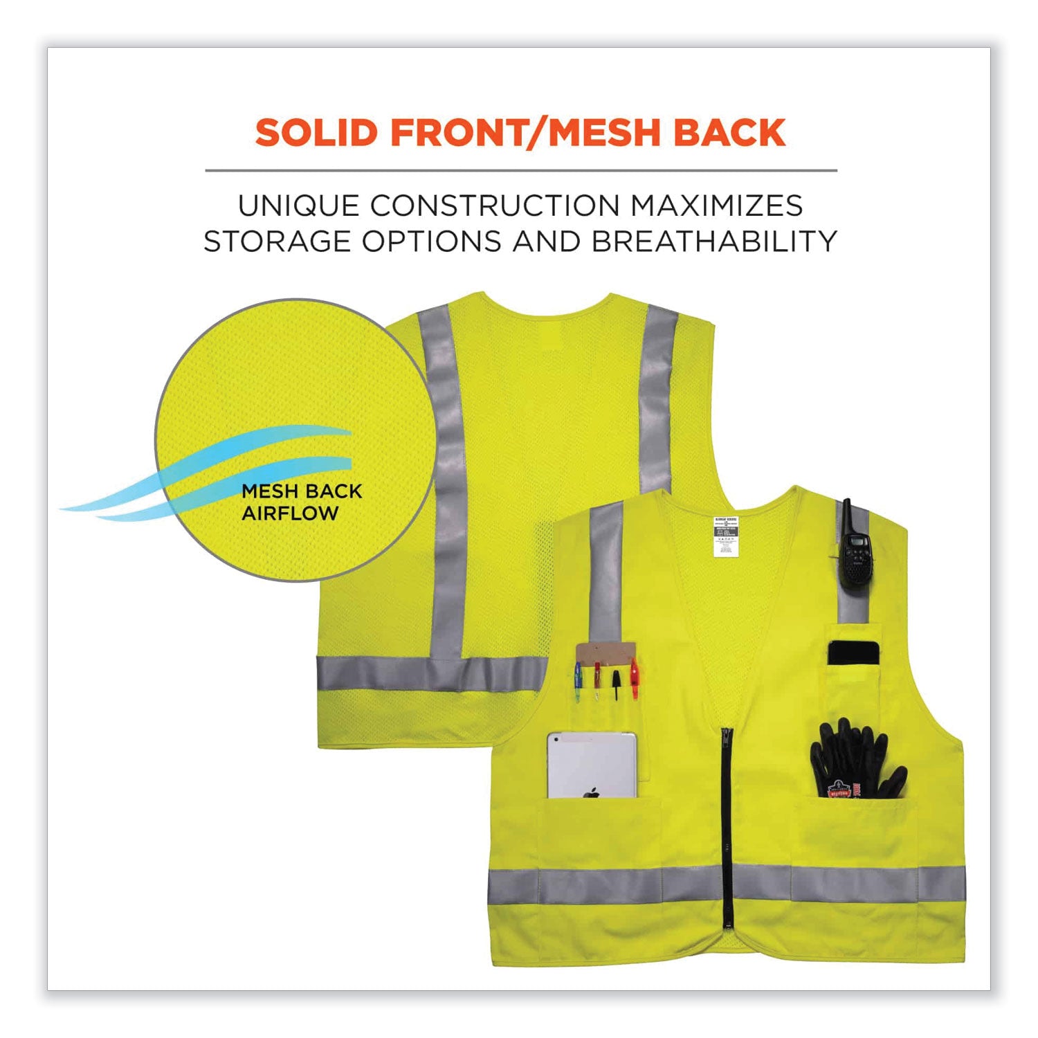 Ergodyne 8262FRZ Hi-Vis Flame-resistant Surveyor Vest, Class 2, NFPA 70E, Mesh, 2XL/3XL, Zipper Closure, Lime, Machine Washable, Reflective, Cell Phone Pocket, Pen Slot, 1 Each