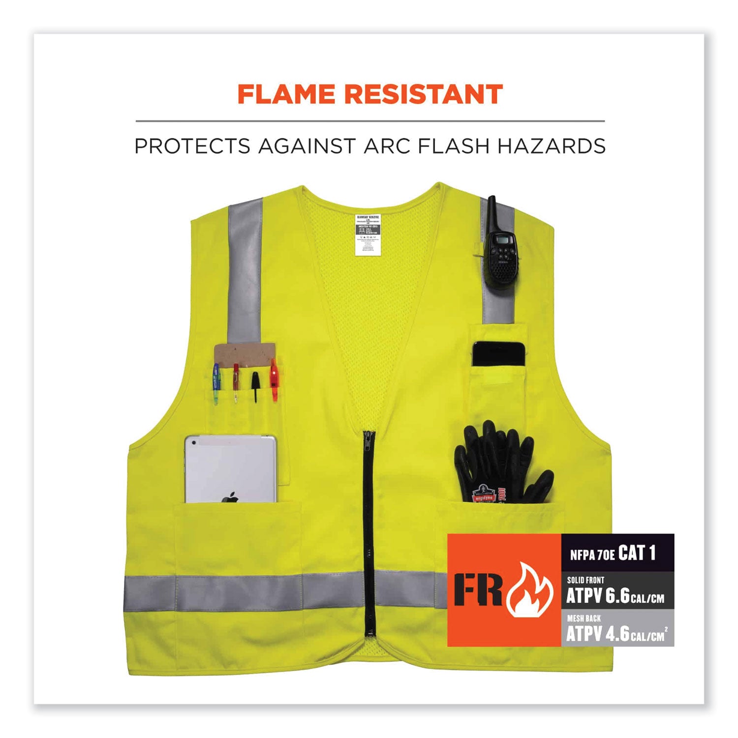 Ergodyne 8262FRZ Hi-Vis Flame-resistant Surveyor Vest, Class 2, NFPA 70E, Mesh, Zipper Closure, Lime, 4XL/5XL, Machine Washable, Reflective, Cell Phone Pocket, Pen Slot, 1 Each
