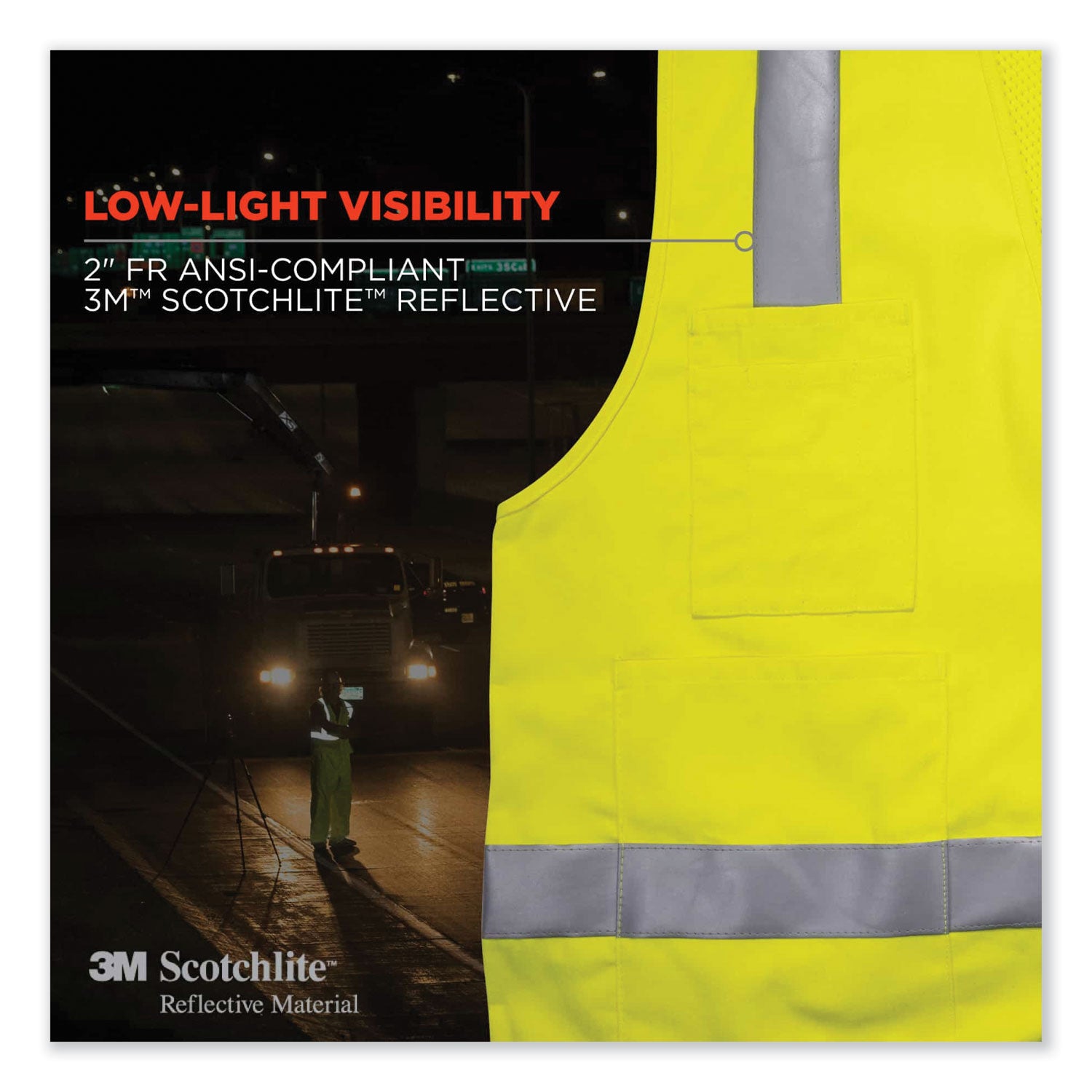 Ergodyne 8262FRZ Hi-Vis Flame-resistant Surveyor Vest, Class 2, NFPA 70E, Mesh, Zipper Closure, Lime, 4XL/5XL, Machine Washable, Reflective, Cell Phone Pocket, Pen Slot, 1 Each