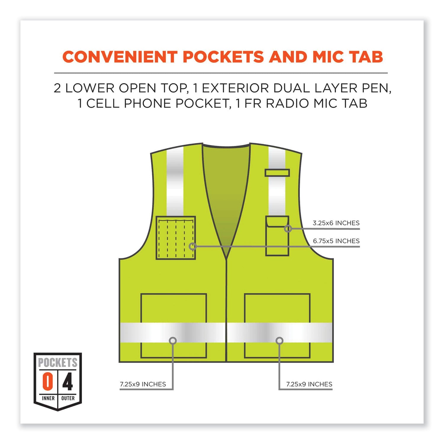 Ergodyne 8262FRZ Hi-Vis Flame-resistant Surveyor Vest, Class 2, NFPA 70E, Mesh, Zipper Closure, Lime, 4XL/5XL, Machine Washable, Reflective, Cell Phone Pocket, Pen Slot, 1 Each