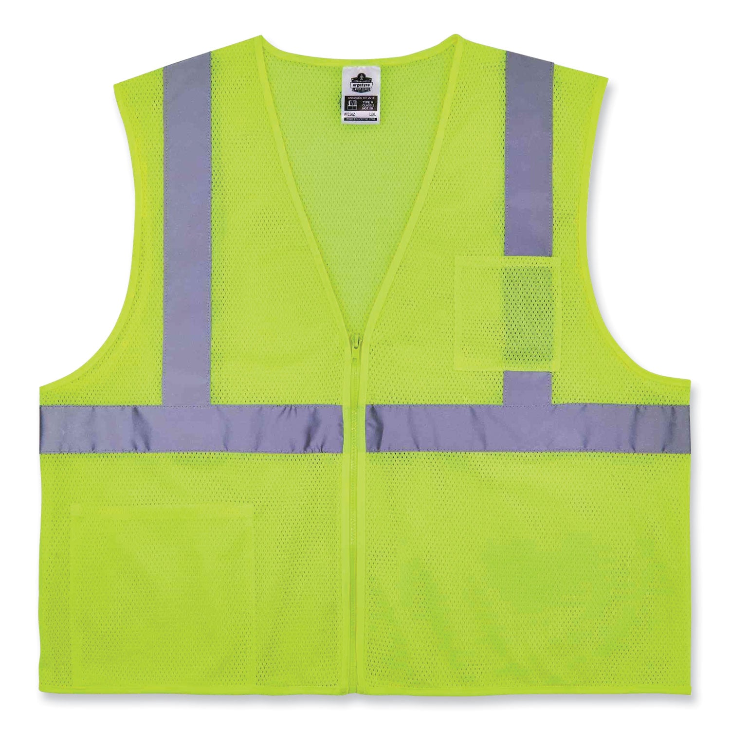 Ergodyne 8256Z Treated Polyester Hi-Vis Class 2 Vest, Small/Medium, Zipper Closure, Lime, Machine Washable, Breathable, Durable, Flame Resistant, Reflective Strip, Interior Pocket, 1 Each
