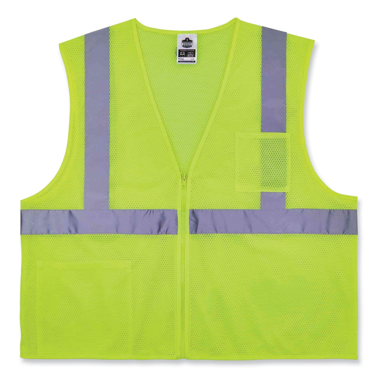 Ergodyne 8256Z Treated Polyester Hi-Vis Class 2 Vest, Large/Extra Large, Zipper Closure, Lime, Machine Washable, Breathable, Durable, Flame Resistant, Reflective Strip, Interior Pocket, 1 Each