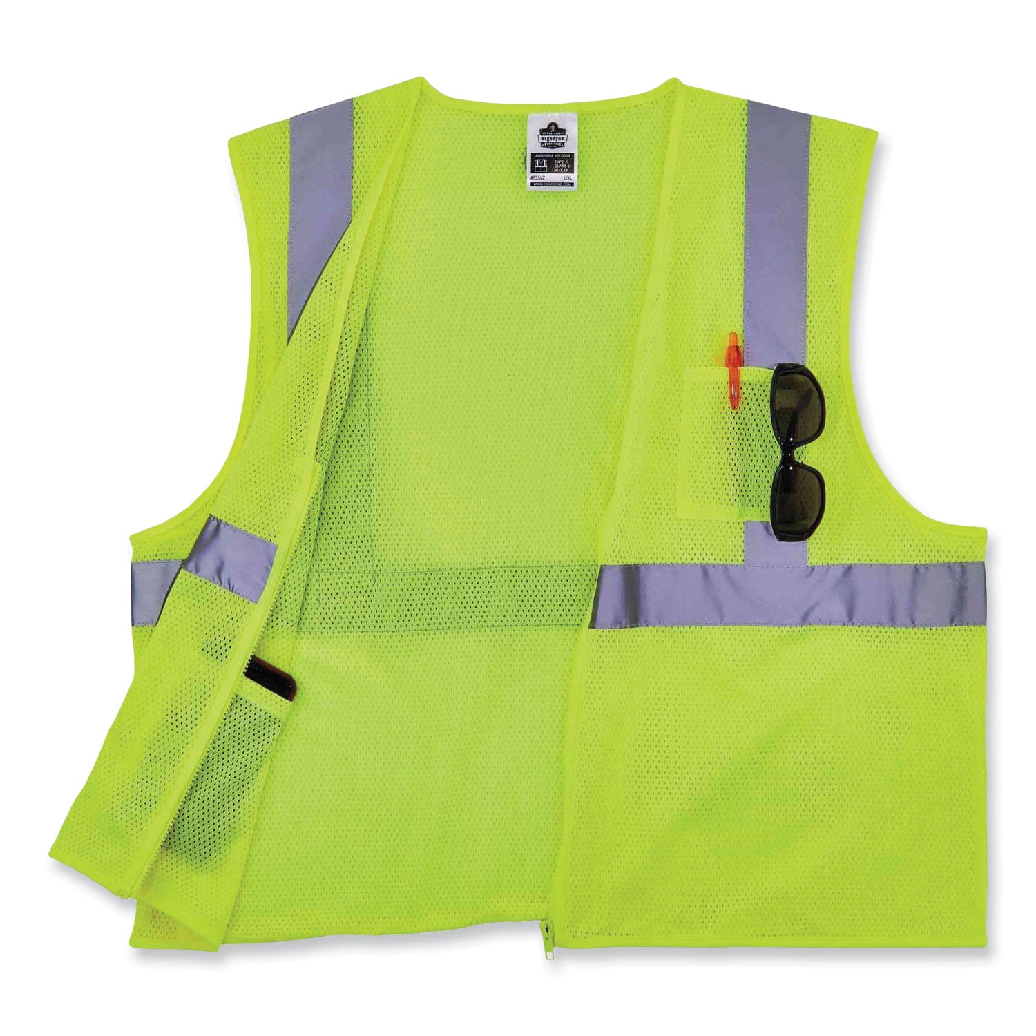 Ergodyne 8256Z Treated Polyester Hi-Vis Class 2 Vest, Zipper Closure, Lime, 2XL/3XL, Machine Washable, Breathable, Durable, Flame Resistant, Reflective Strip, Interior Pocket, 1 Each