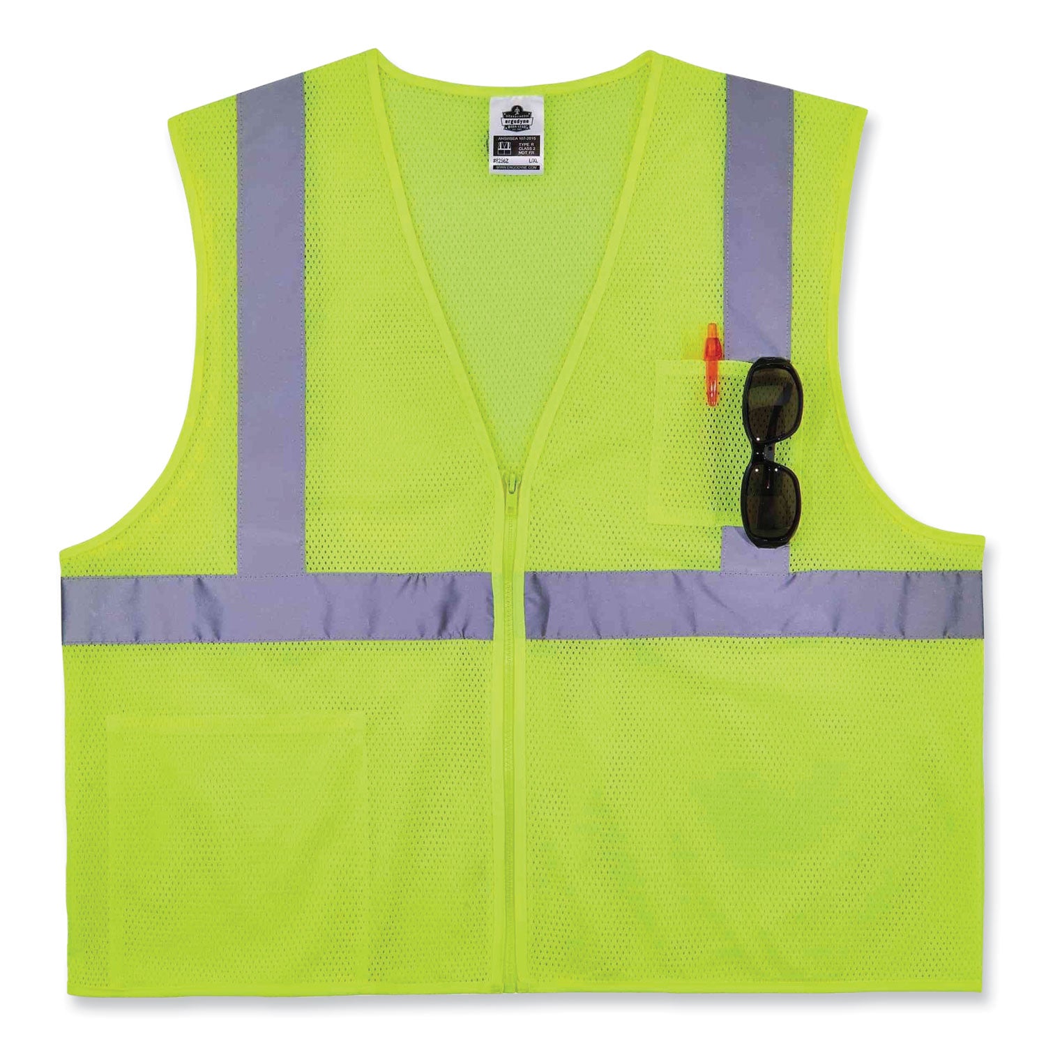 Ergodyne 8256Z Treated Polyester Hi-Vis Class 2 Vest, 4XL/5XL, Zipper Closure, Lime, Machine Washable, Breathable, Durable, Flame Resistant, Reflective Strip, Interior Pocket, High Visibility, 1 Each