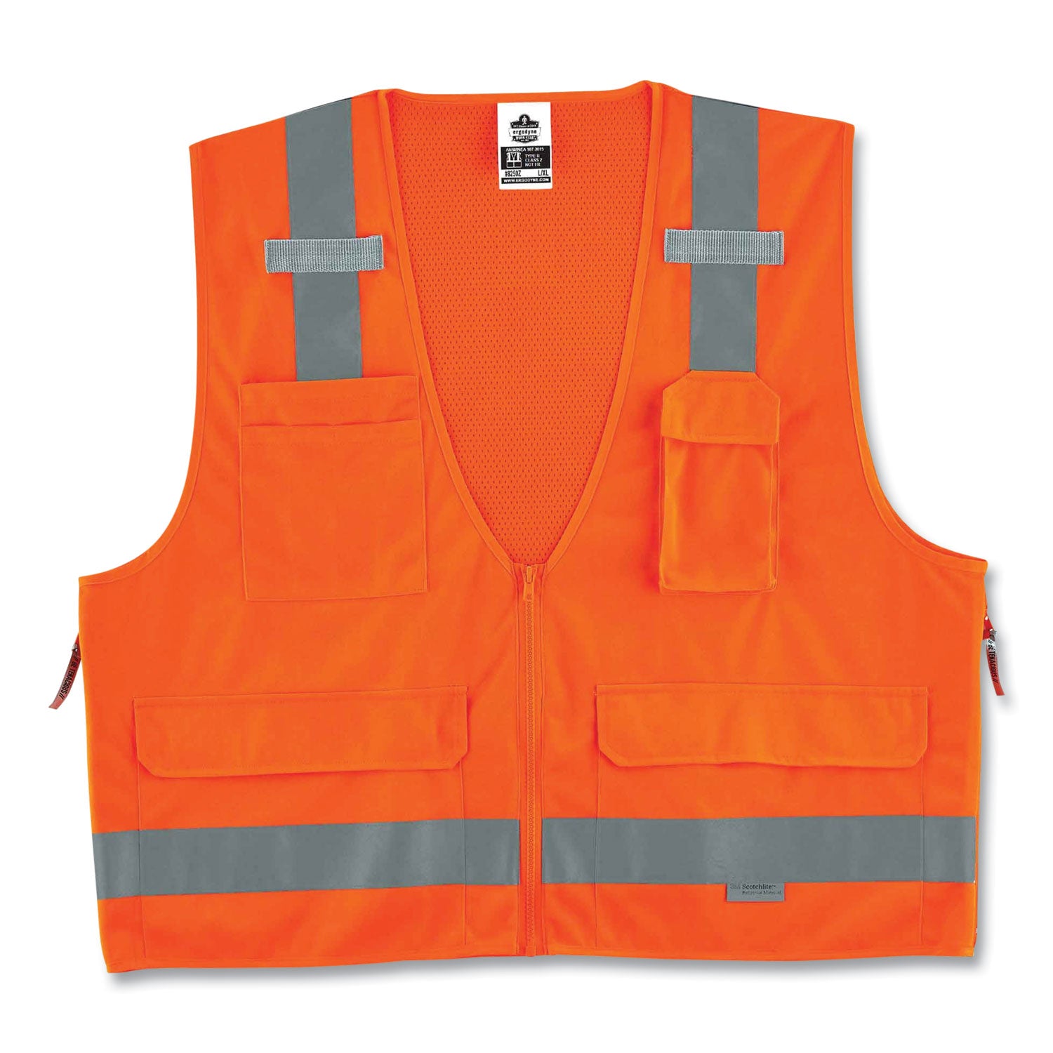 Ergodyne 8250Z Type R Class 2 Surveyors Vest, Small/Medium, Zipper Closure, Poly Mesh, Orange, Pocket, Mic Tab, Reflective, 1 Each