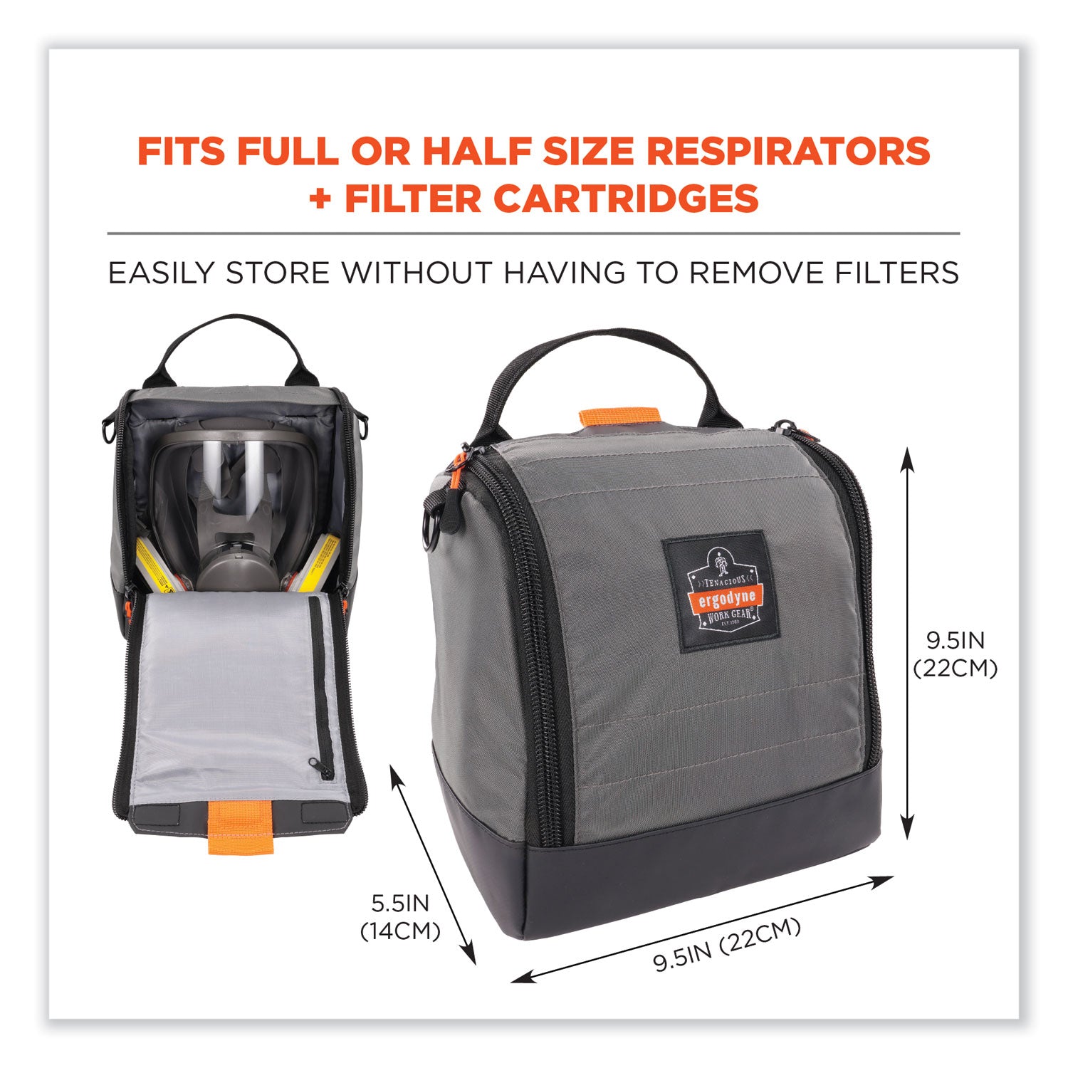 Arsenal 5185 Full Respirator Bag with Zipper Magnetic Closure, 5.5 x 9.5 x 9.5, Gray