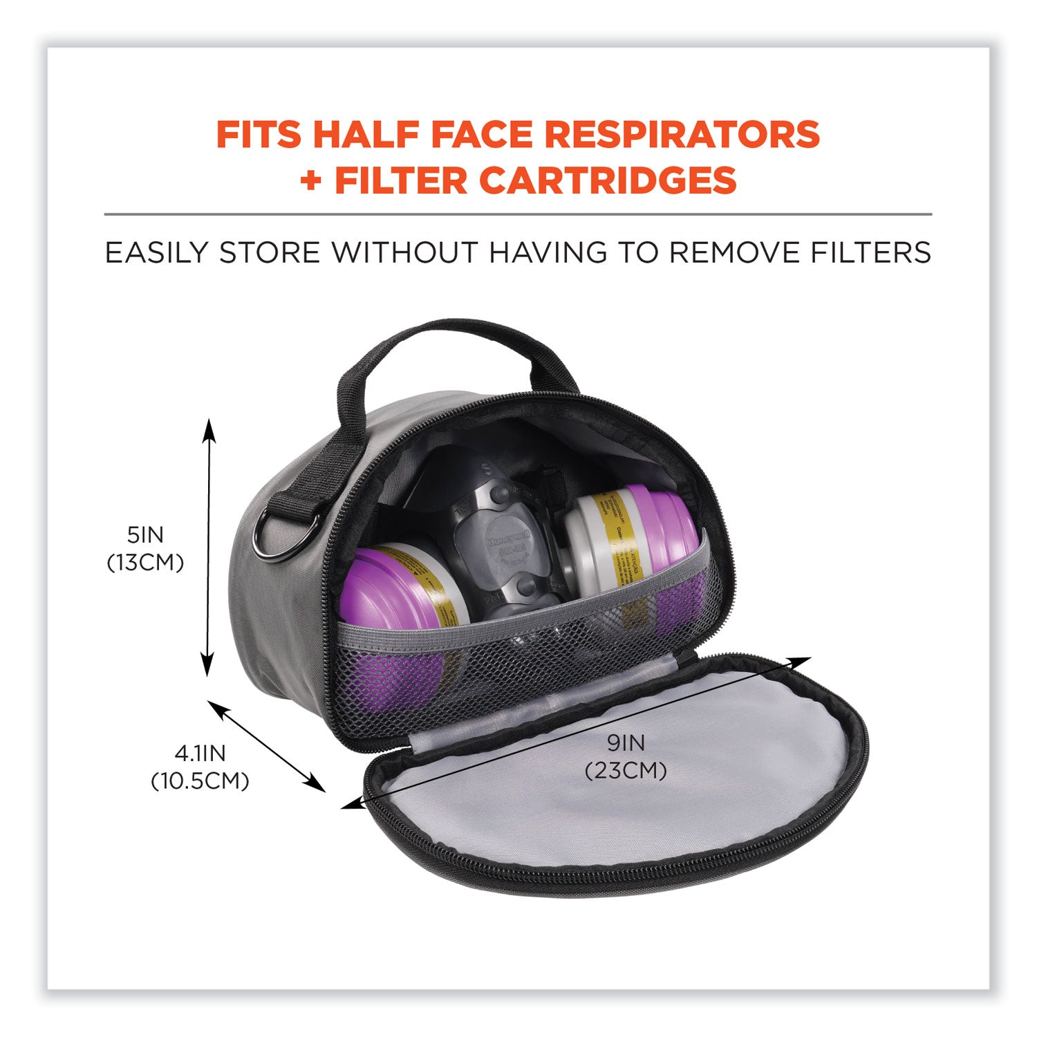 Arsenal 5187 Clamshell Half Respirator Bag with Zipper Closure, 4 x 9 x 5, Gray