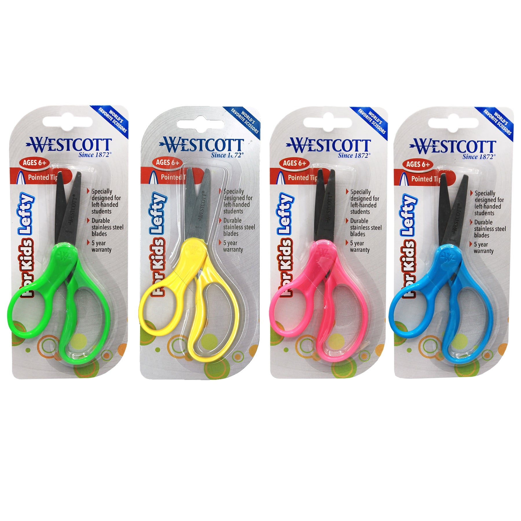 5" Lefty Hard Handle Kids Scissors, Pointed, Assorted Colors (No Color Choice)