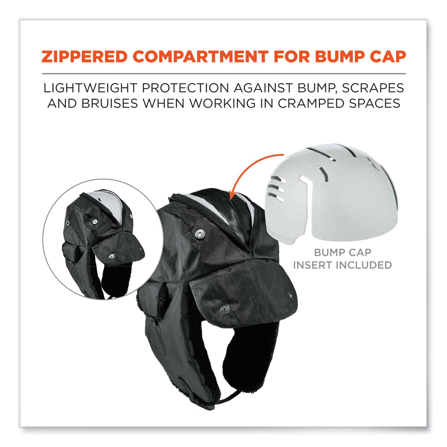 Ergodyne N-Ferno 6802ZI Zipper Trapper Hat with Universal Bump Cap, Small/Medium, Black, Nylon/Oxford Nylon, 1 Each