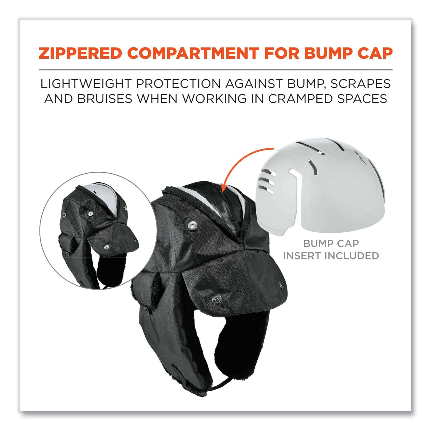 Ergodyne N-Ferno 6802ZI Kit Zipper Trapper Hat with Universal Bump Cap, Small/Medium, Black, Nylon/Oxford Nylon, 1 Each