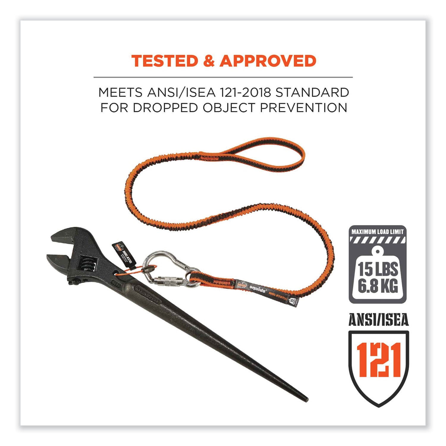 Adjustable - 15 lb Load Capacity - Standard - Carabiner Attachment - 11.3" Height x 1.3" Width x 48" Length - Orange, Gray - Stainless Steel, Polyester Elastic, Nylon - 6 / Carton