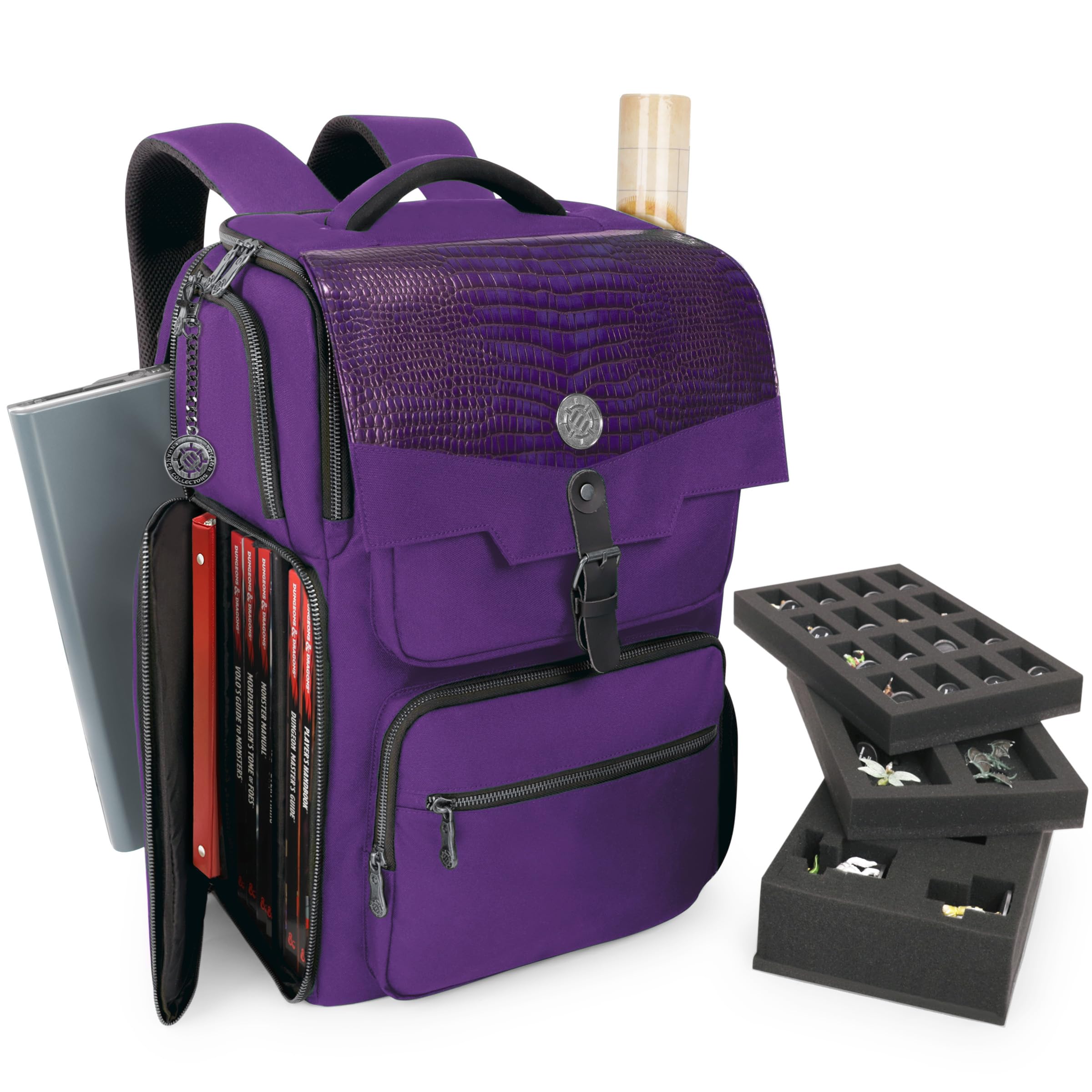 ENHANCE Collector's Edition DnD Backpack - RPG DM Bag for Dungeons and Dragons - DnD Bag fits 6-8 Books, 18" Laptop/DM Screen Slot, Miniature Foam Trays, Accessory Pockets, Map Strap (Dragon Purple)