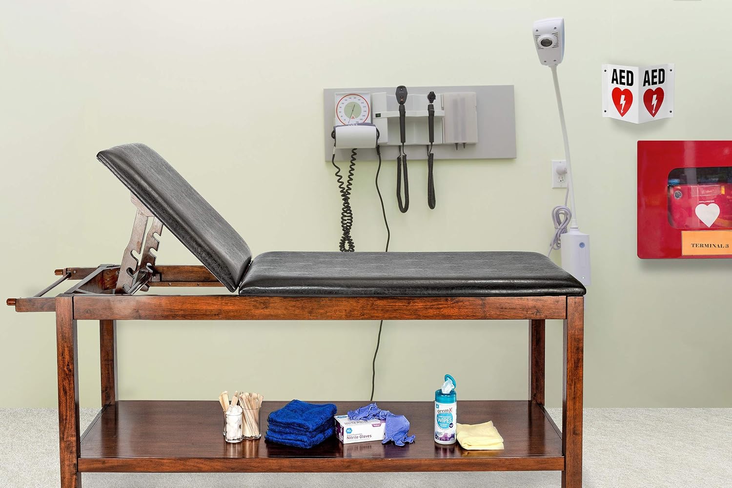 Mahogany Wooden Exam Table with Full Shelf