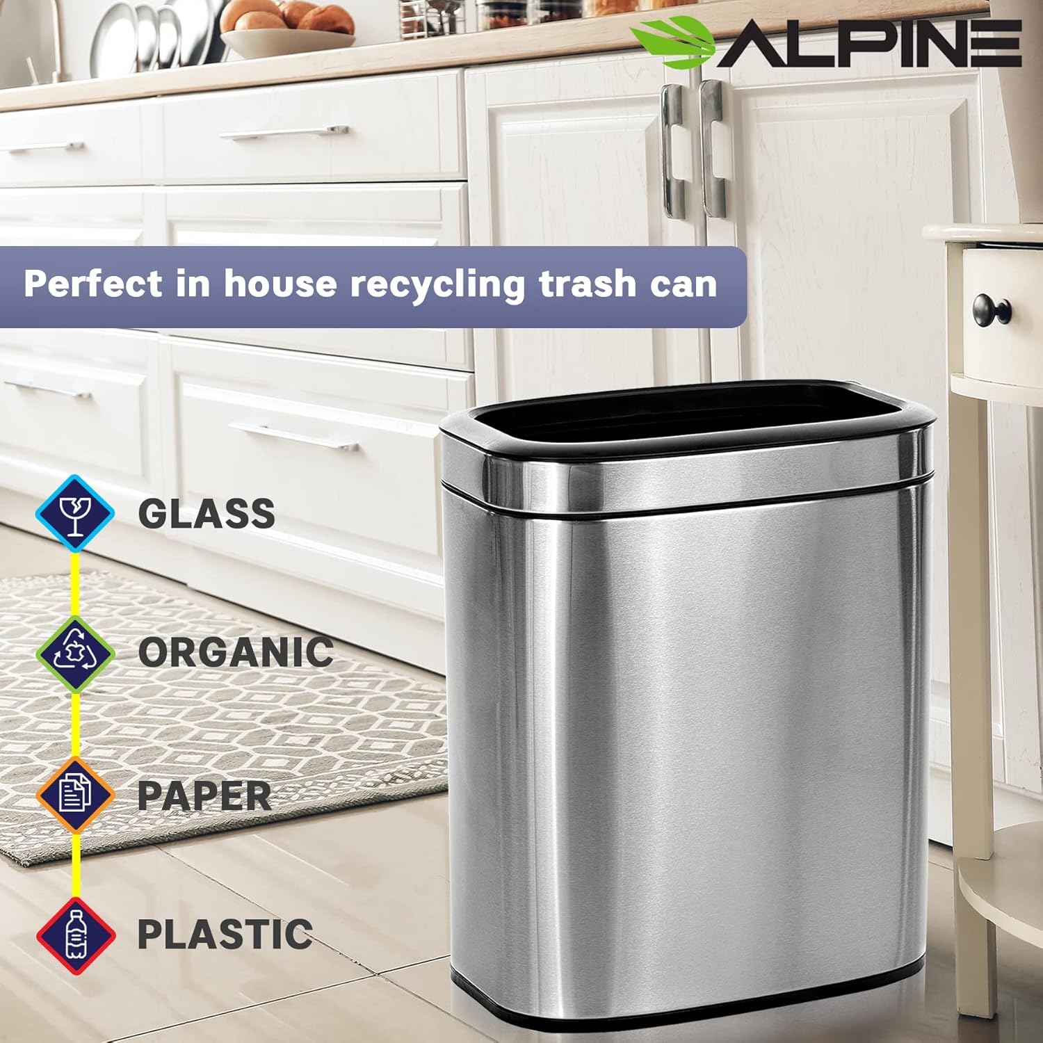 Alpine Industries 20 L / 5.3 Gal Gal Stainless Steel Slim Open Trash Can, Brushed Stainless Steel