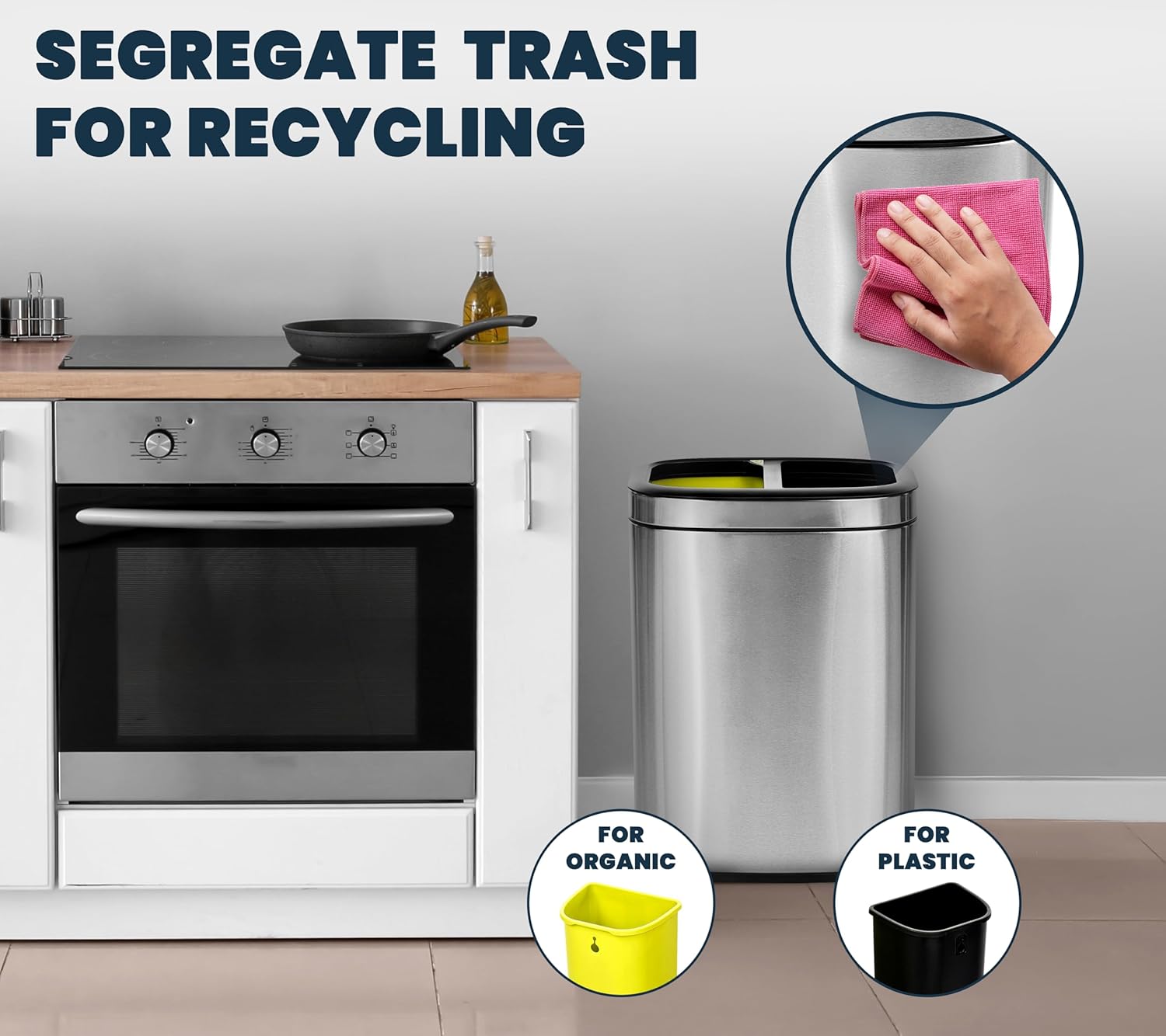 Alpine Industries 40 L / 10.5 Gal Stainless Steel Slim Open Trash Can Dual Compartment, Brushed Stainless Steel
