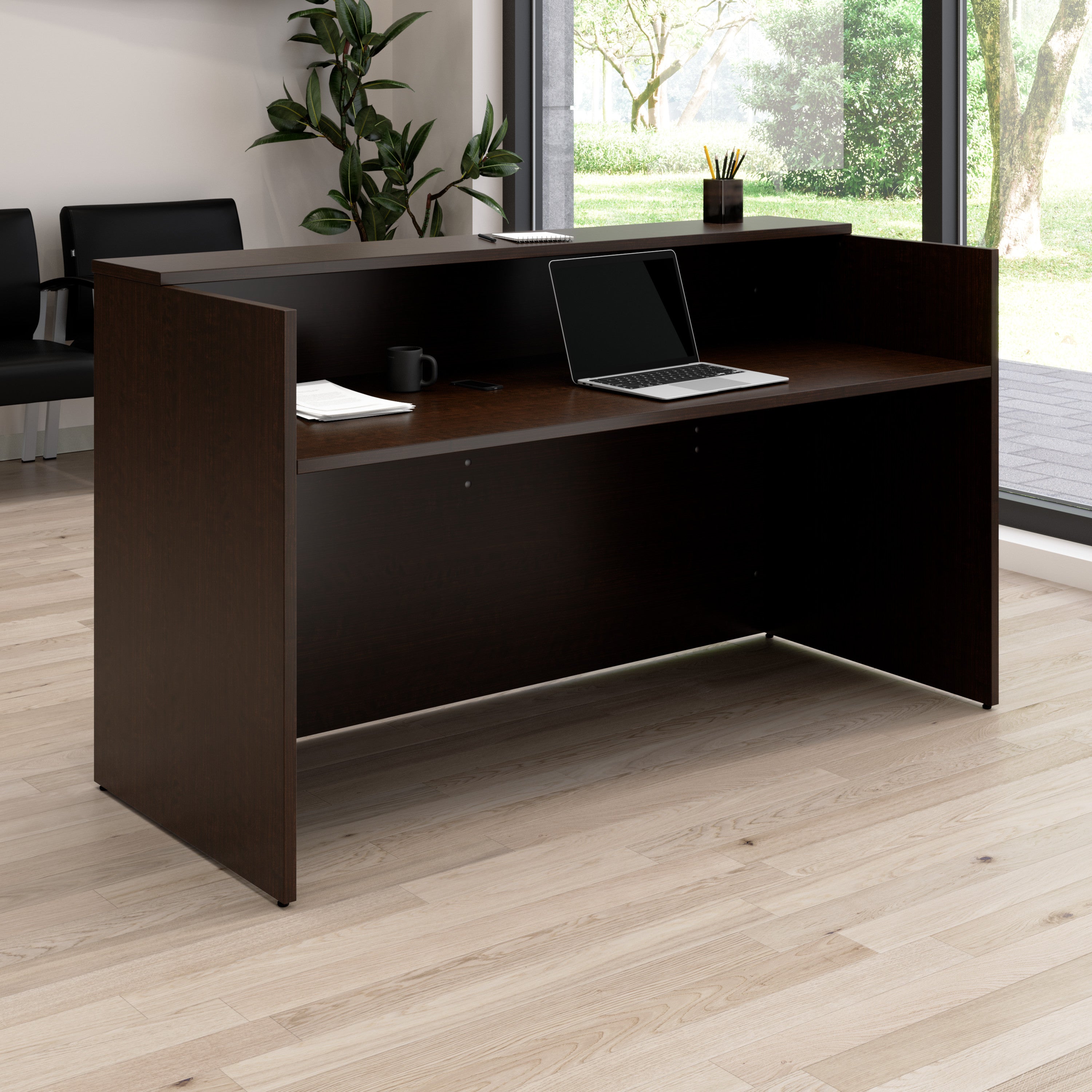 Bush Business Furniture Arrive 72W x 30D Reception Desk with Shelf in Mocha Cherry - 71.02" Width x 29.49" Depth x 40.35" Height