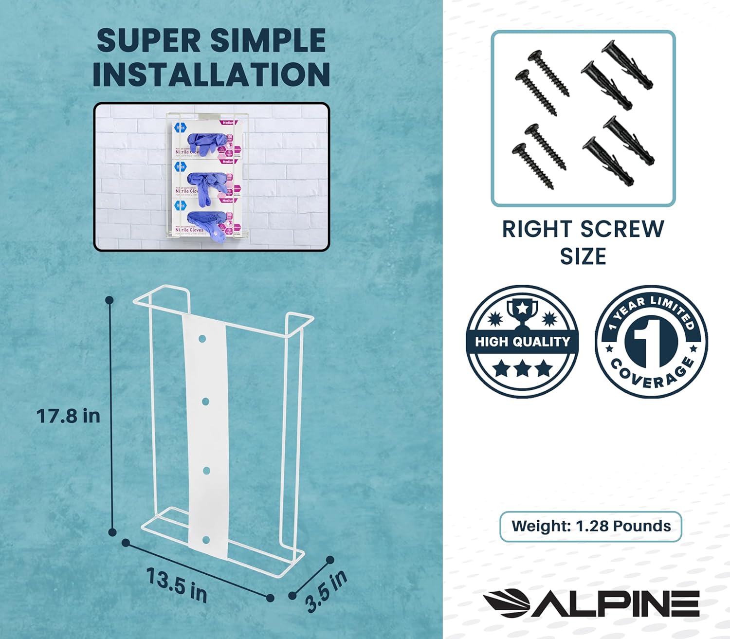 Alpine Industries Triple Box Wire Wall Mount Glove Dispenser, White