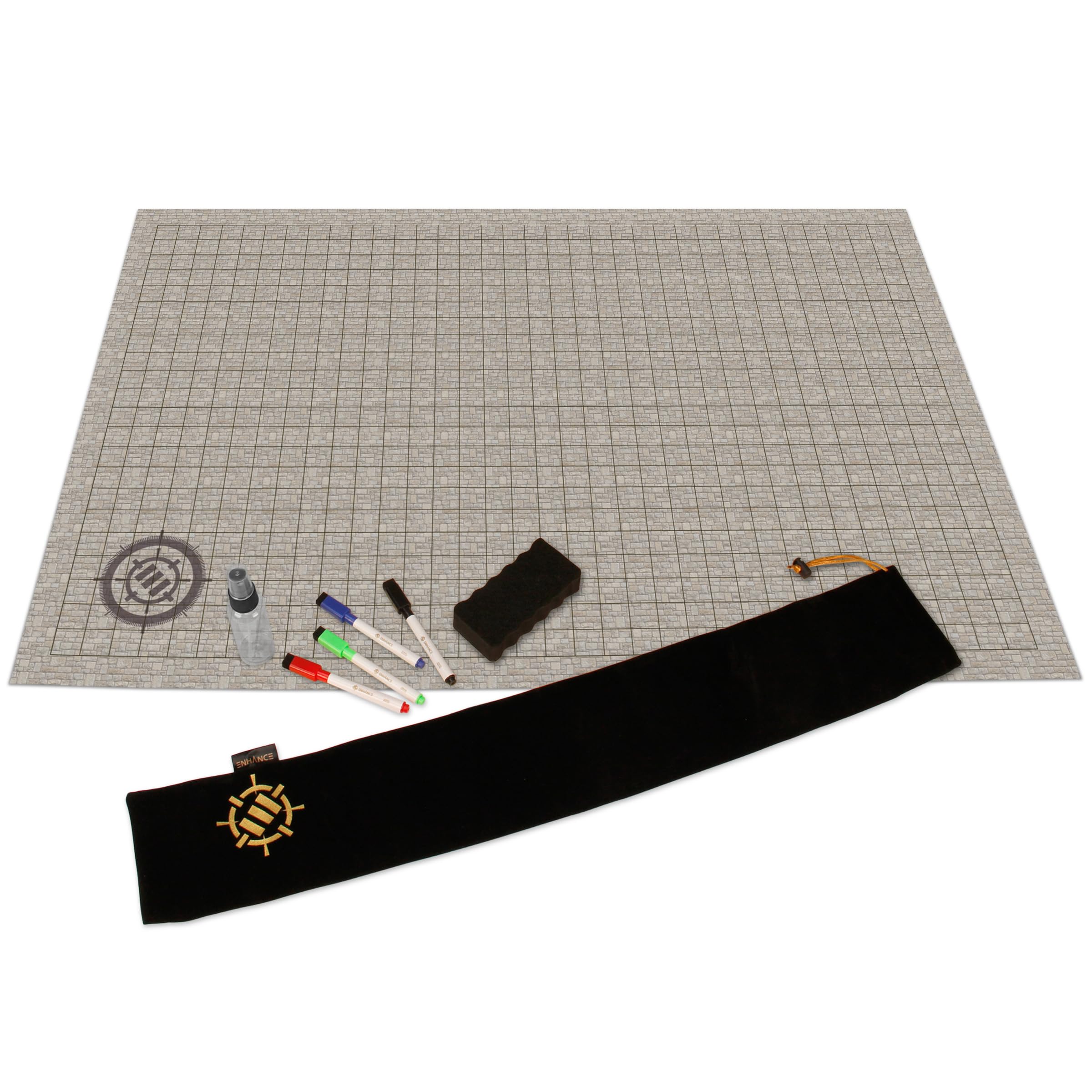 ENHANCE RPG Grid Mat - Tabletop DND Map (24x36 inch) Role Playing Dry Erase DND Mat Complete Gaming Set for Masters and Starters, Erasable Battle Grid Game Mat with Pouch, Marker Kit (Stone)